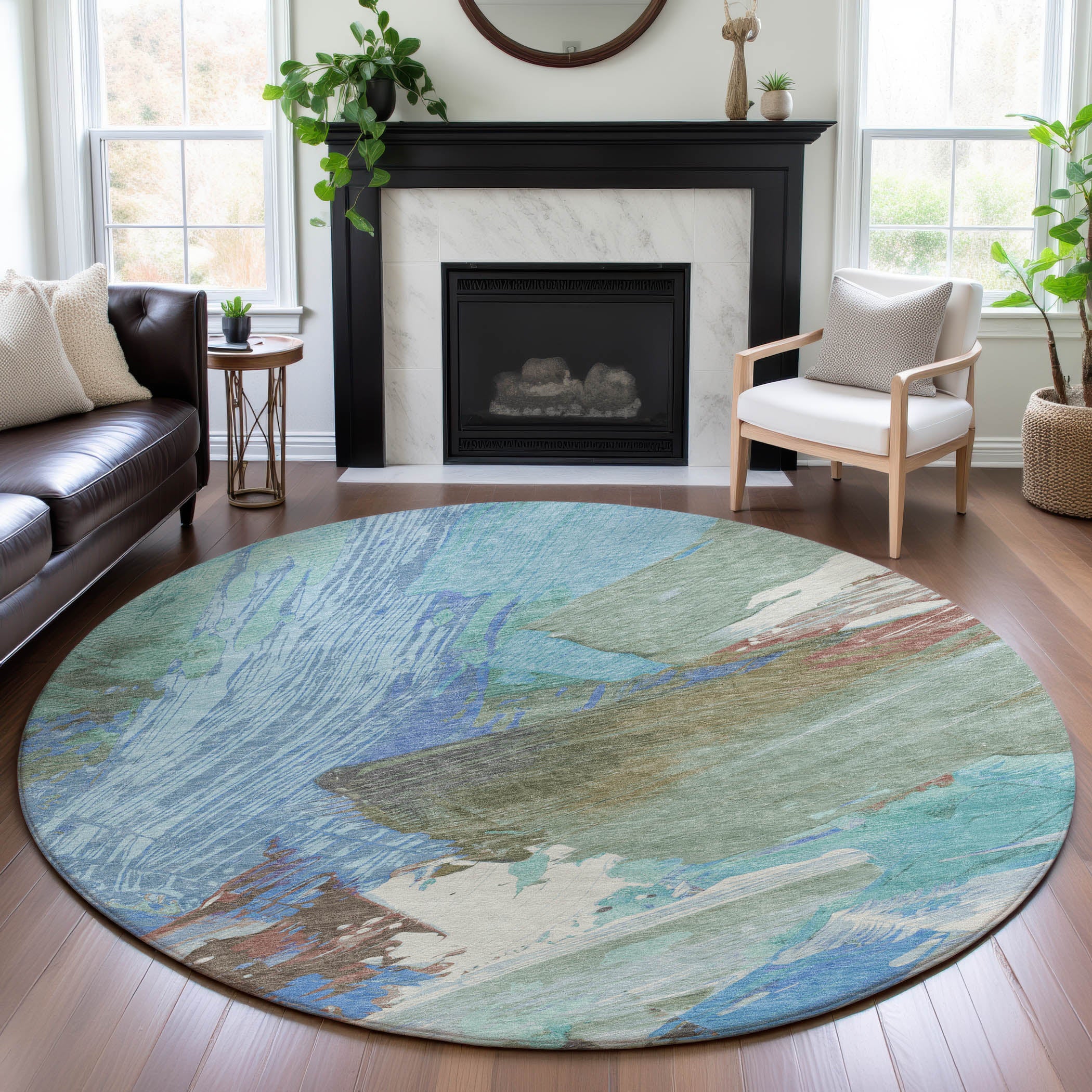Mostar Machine Washable Transitional Sky Blue Rug 8' x 8' #shape_Round