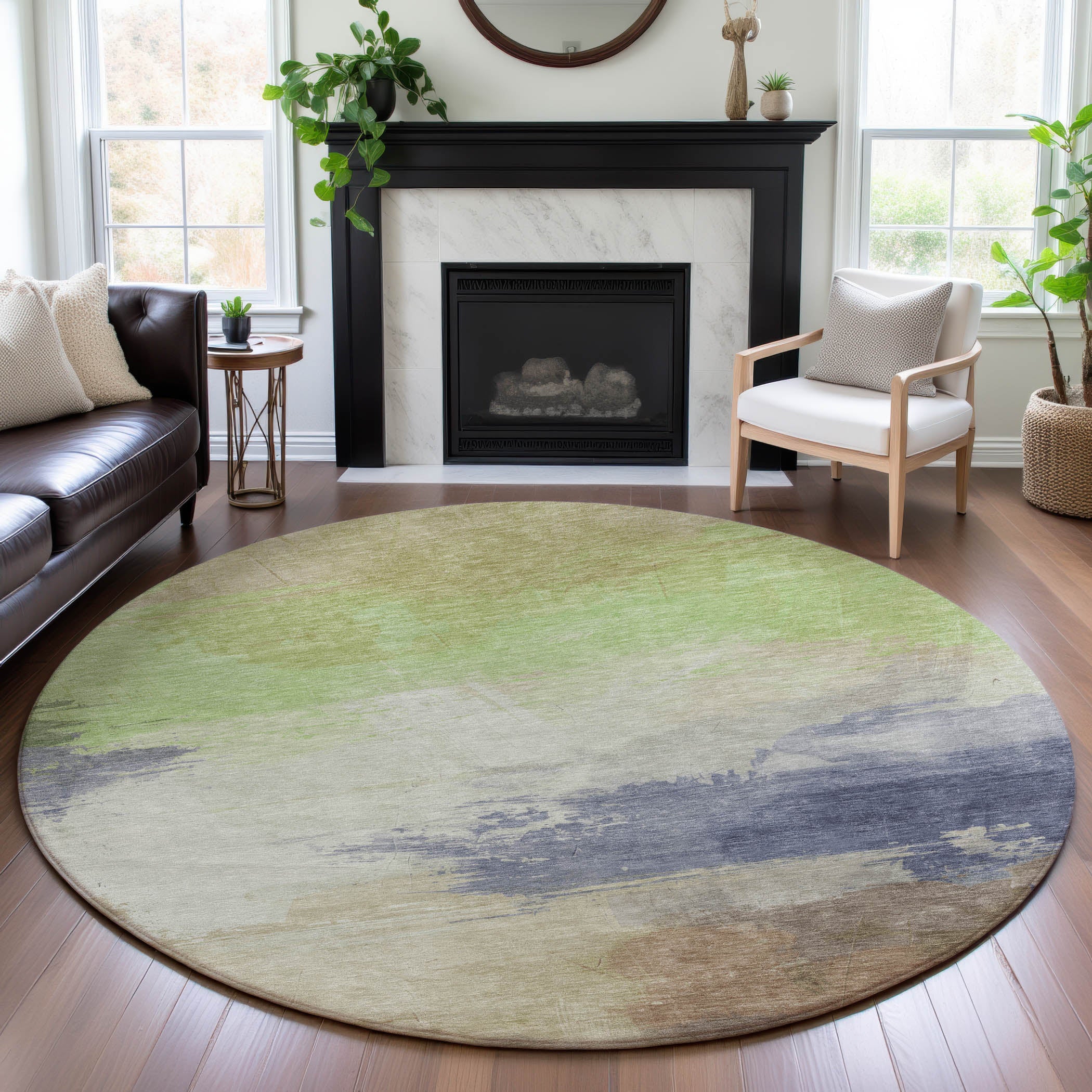 Nairobi Machine Washable Transitional Aloe Green Rug 8' x 8' #shape_Round