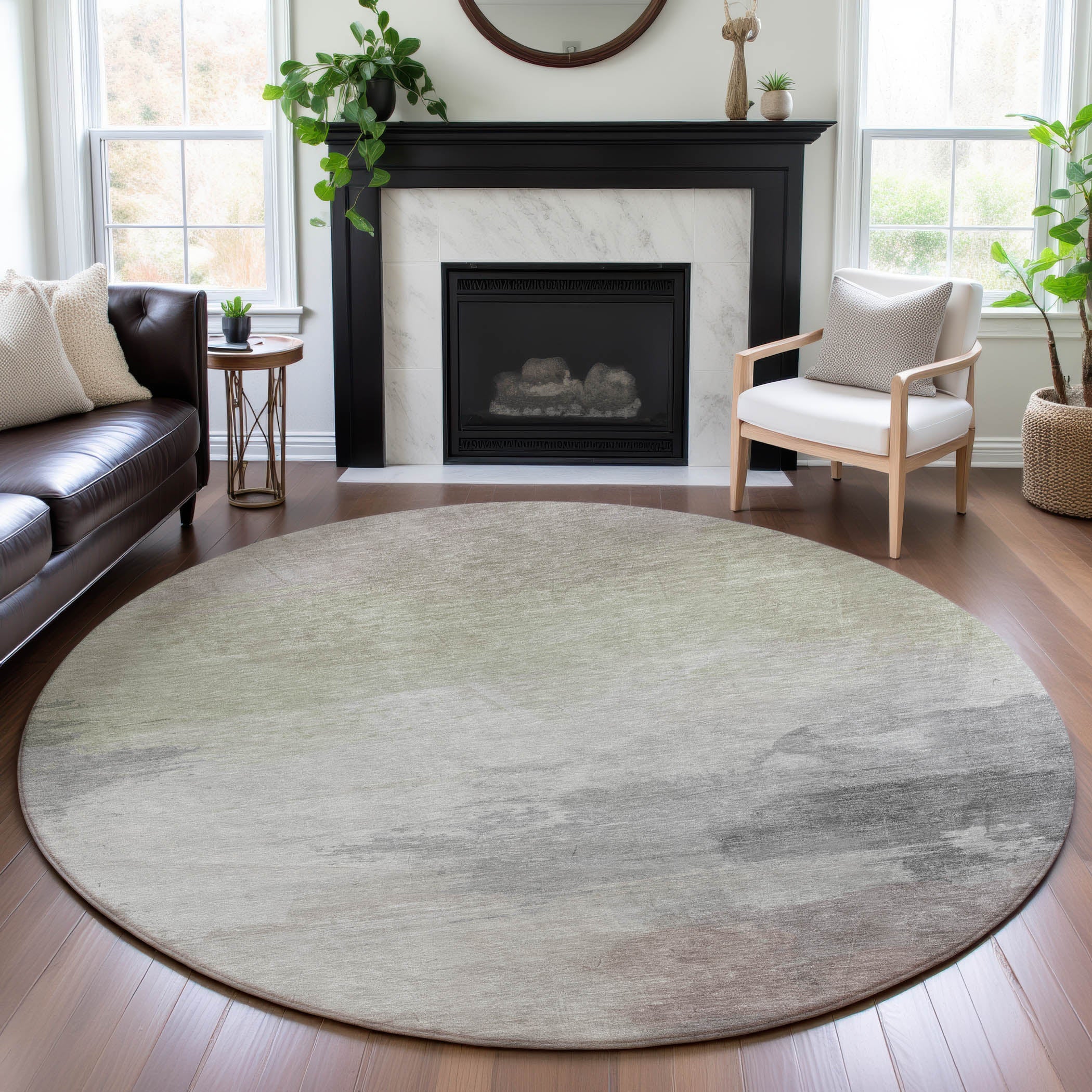 Nairobi Machine Washable Transitional Beige Brown Rug 8' x 8' #shape_Round