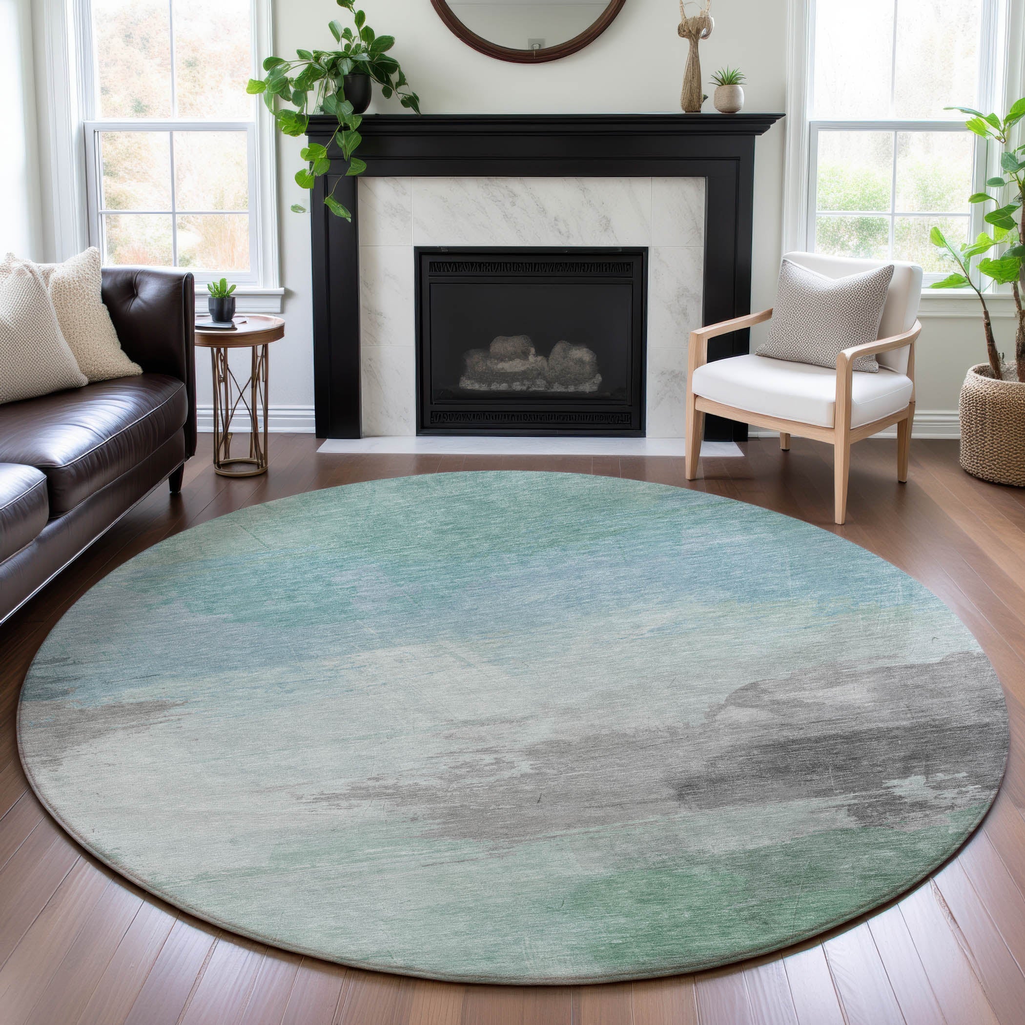 Nairobi Machine Washable Transitional Seafoam Blue Rug 8' x 8' #shape_Round