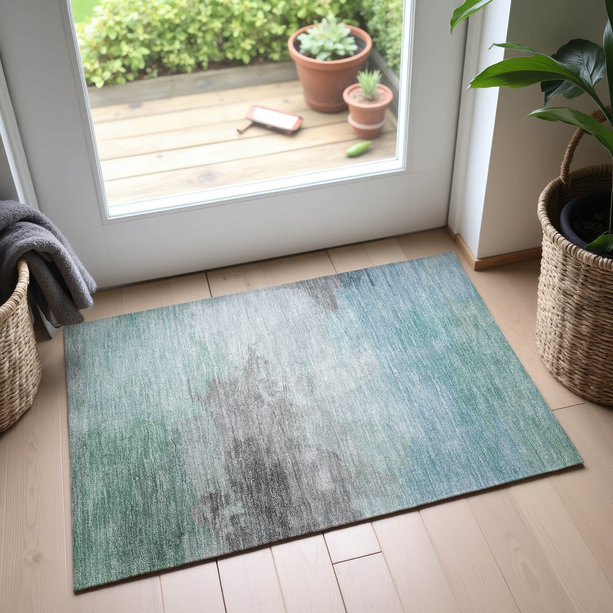 Nairobi Machine Washable Transitional Seafoam Blue Rug 1'8" x 2'6" #shape_Rectangle