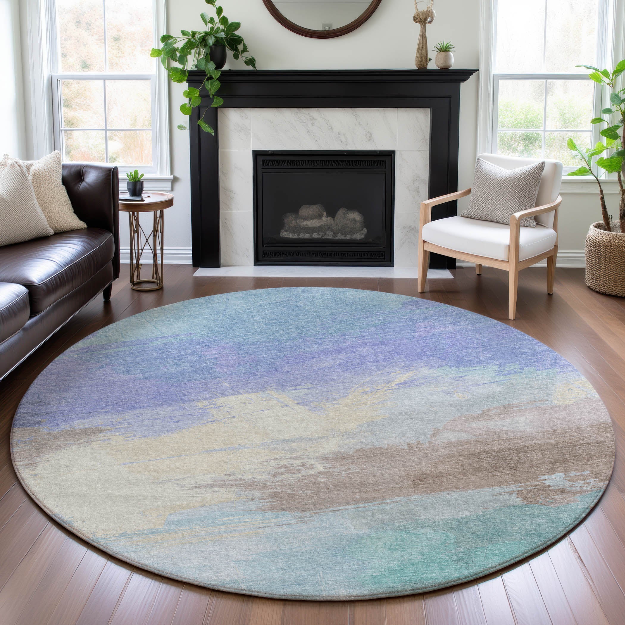 Nairobi Machine Washable Transitional Sky Blue Rug 8' x 8' #shape_Round