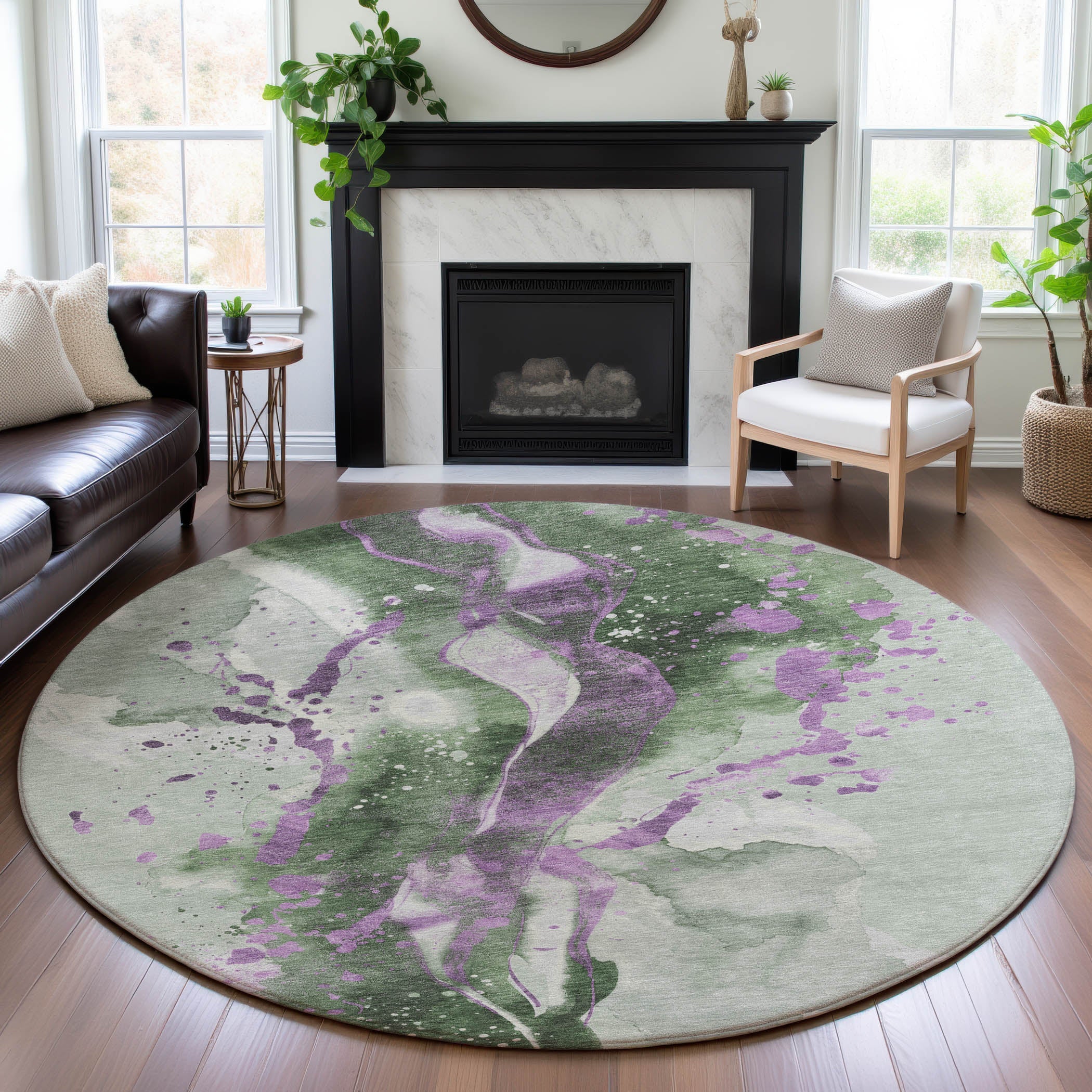 Mdina Machine Washable Transitional Aloe Green Rug 8' x 8' #shape_Round