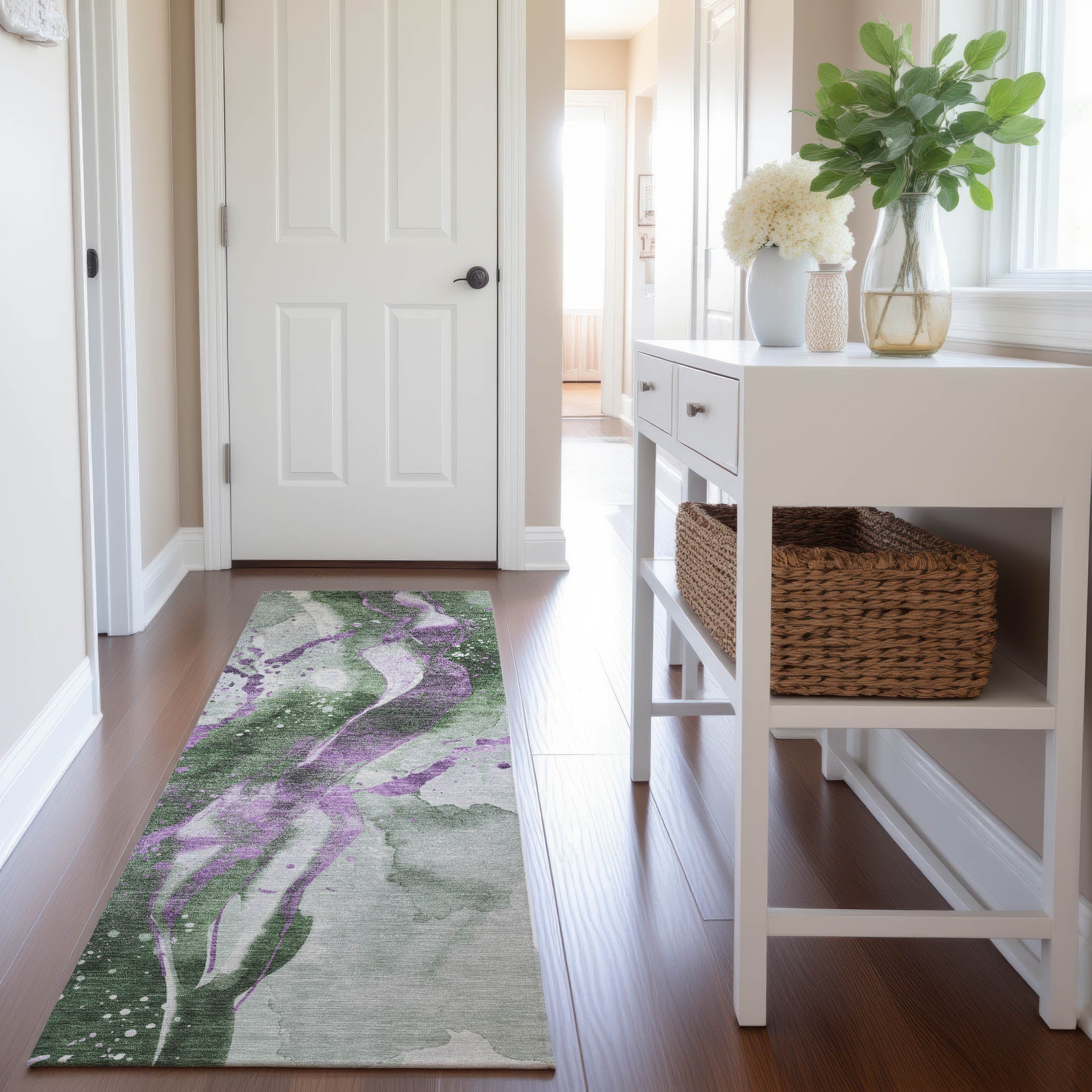 Mdina Machine Washable Transitional Aloe Green Rug 2'3" x 7'6" #shape_Runner