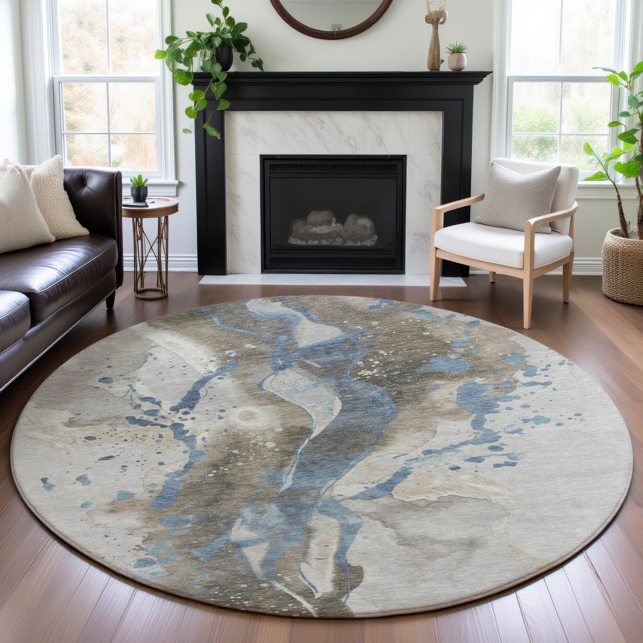 Mdina Machine Washable Transitional Taupe Brown Rug 8' x 8' #shape_Round