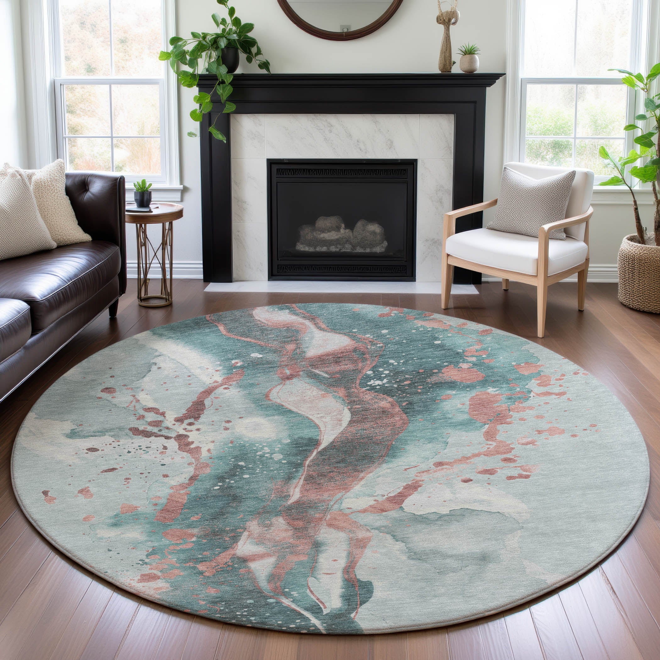 Mdina Machine Washable Transitional Teal Rug 8' x 8' #shape_Round