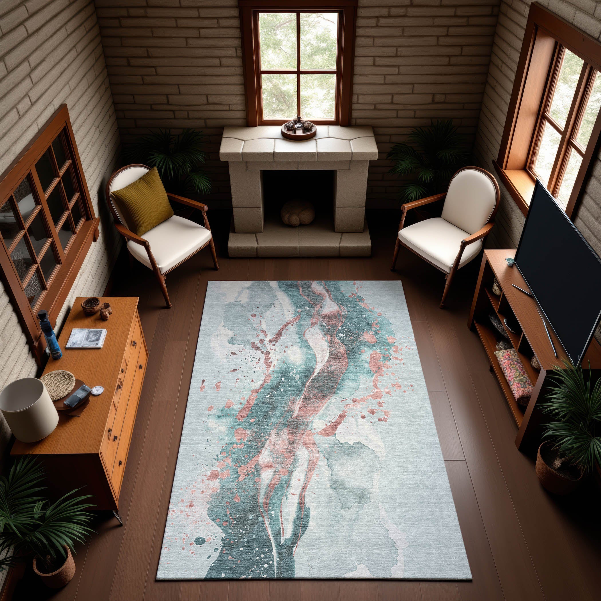 Mdina Machine Washable Transitional Teal Rug 2'6" x 3'10" #shape_Rectangle