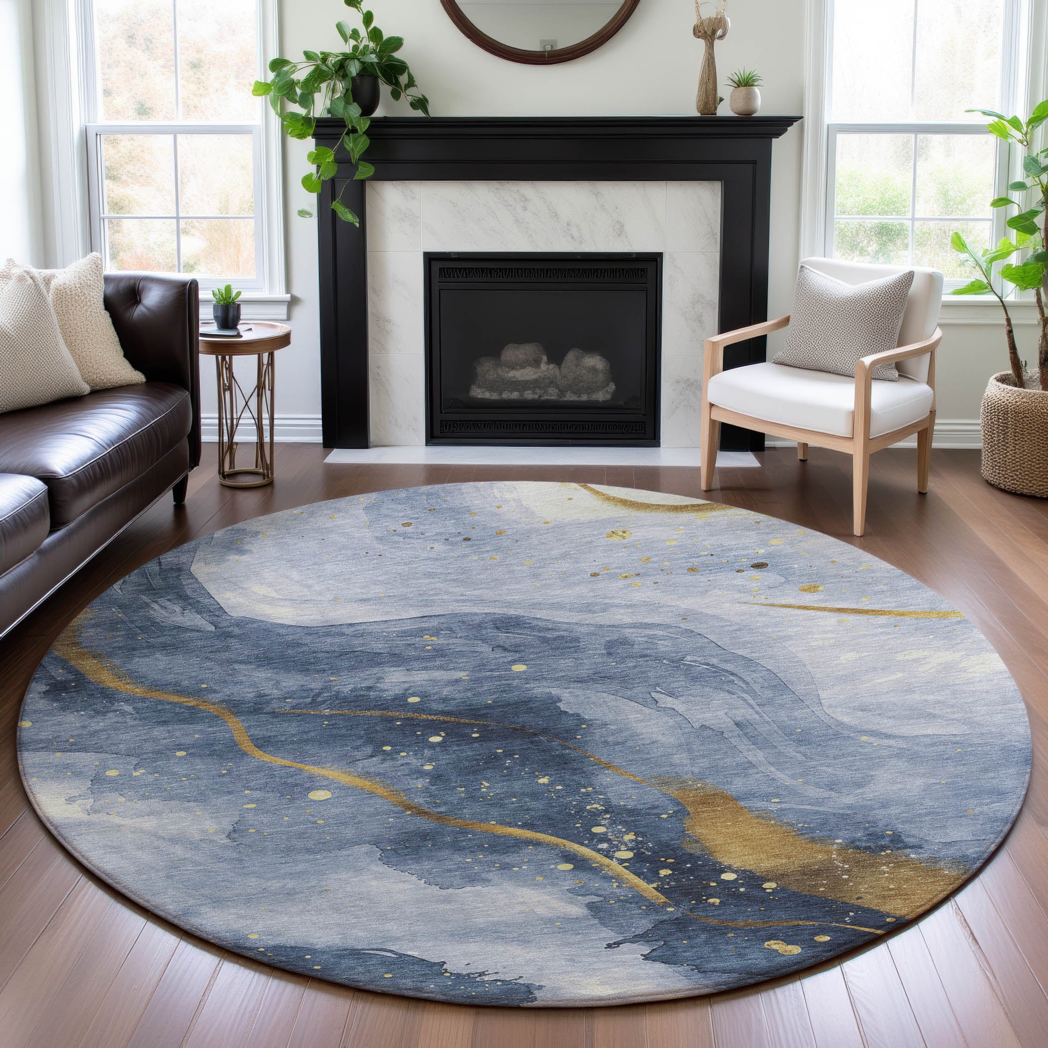 Seville Machine Washable Transitional Blue Rug 8' x 8' #shape_Round