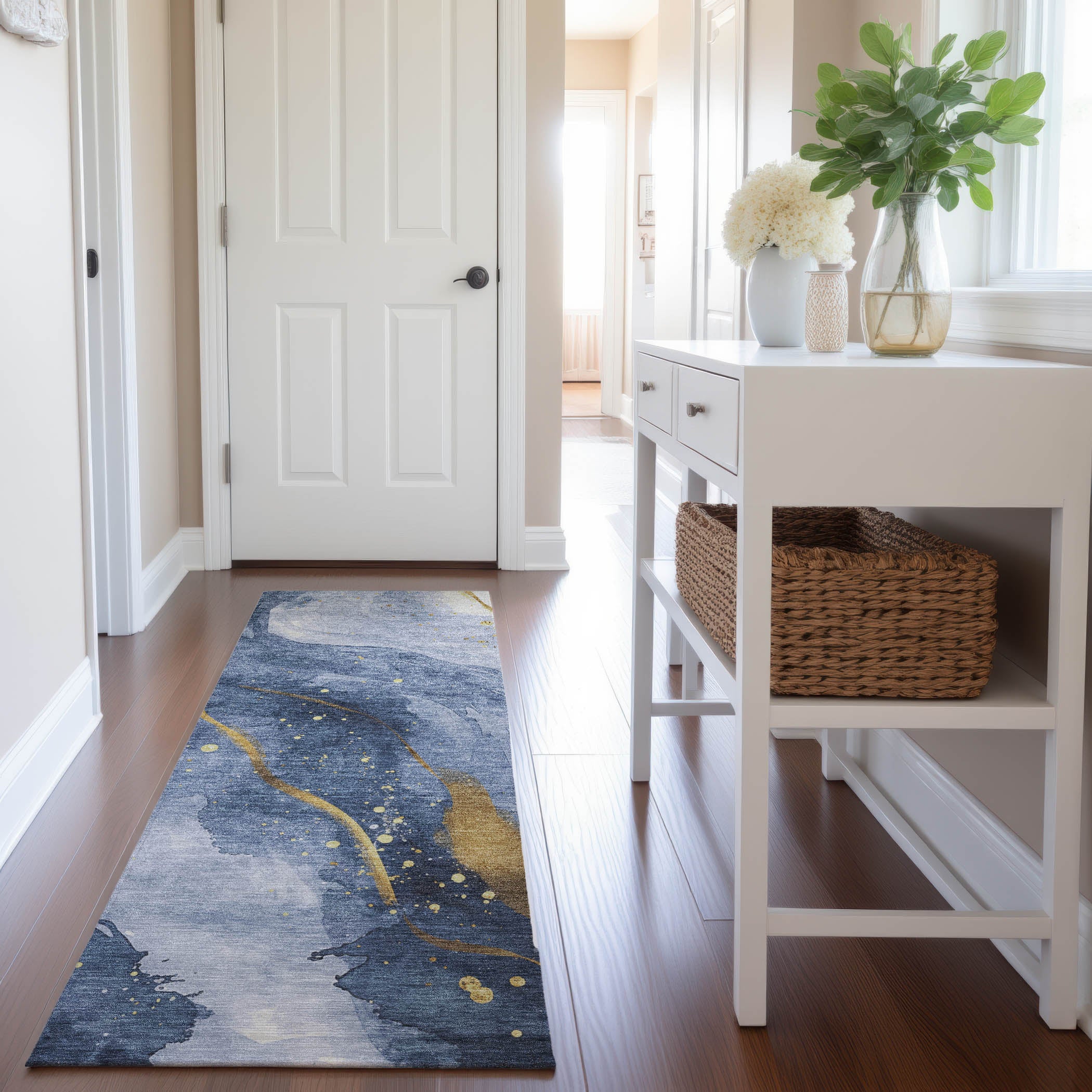 Seville Machine Washable Transitional Blue Rug 2'3" x 7'6" #shape_Runner