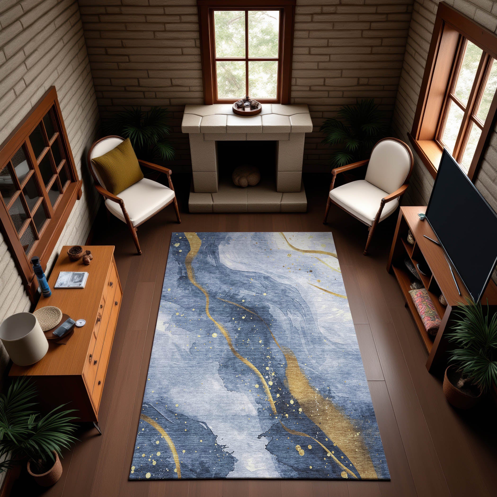 Seville Machine Washable Transitional Blue Rug 2'6" x 3'10" #shape_Rectangle