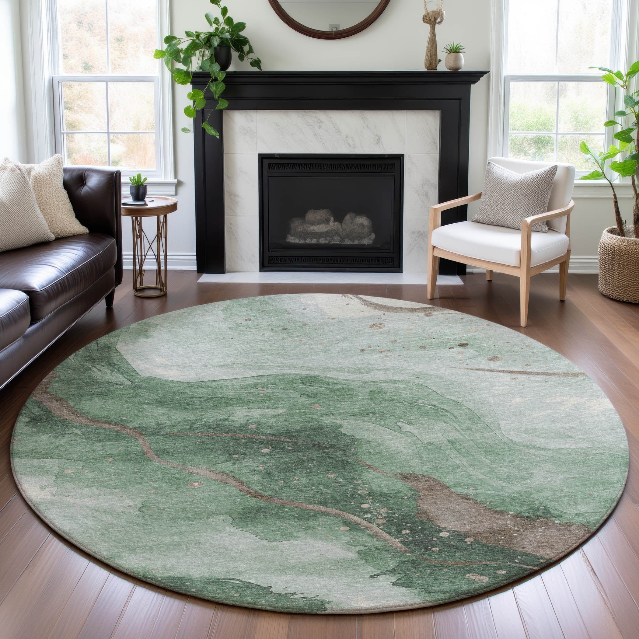 Seville Machine Washable Transitional Green Rug 8' x 8' #shape_Round