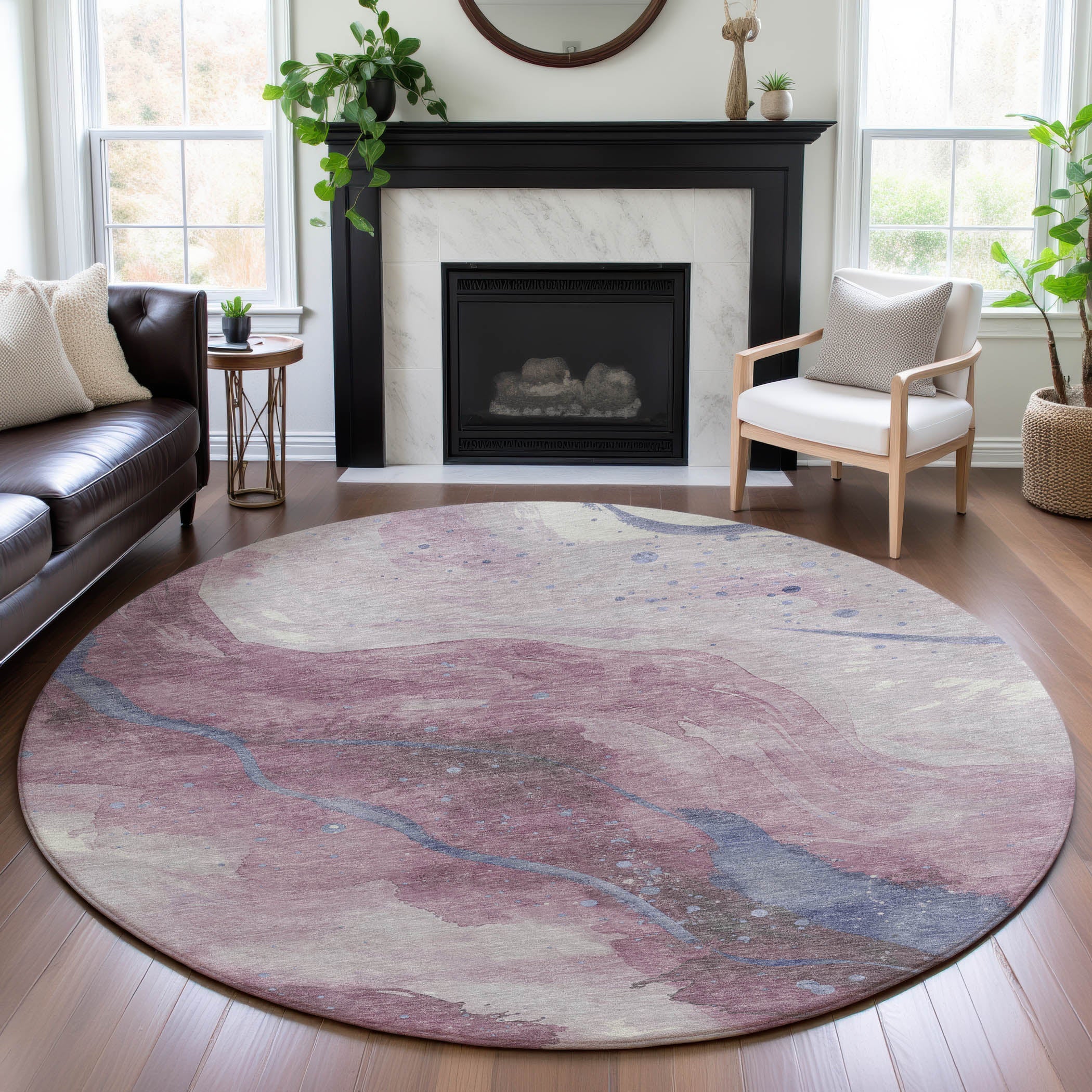 Seville Machine Washable Transitional Mauve Pink Rug 8' x 8' #shape_Round