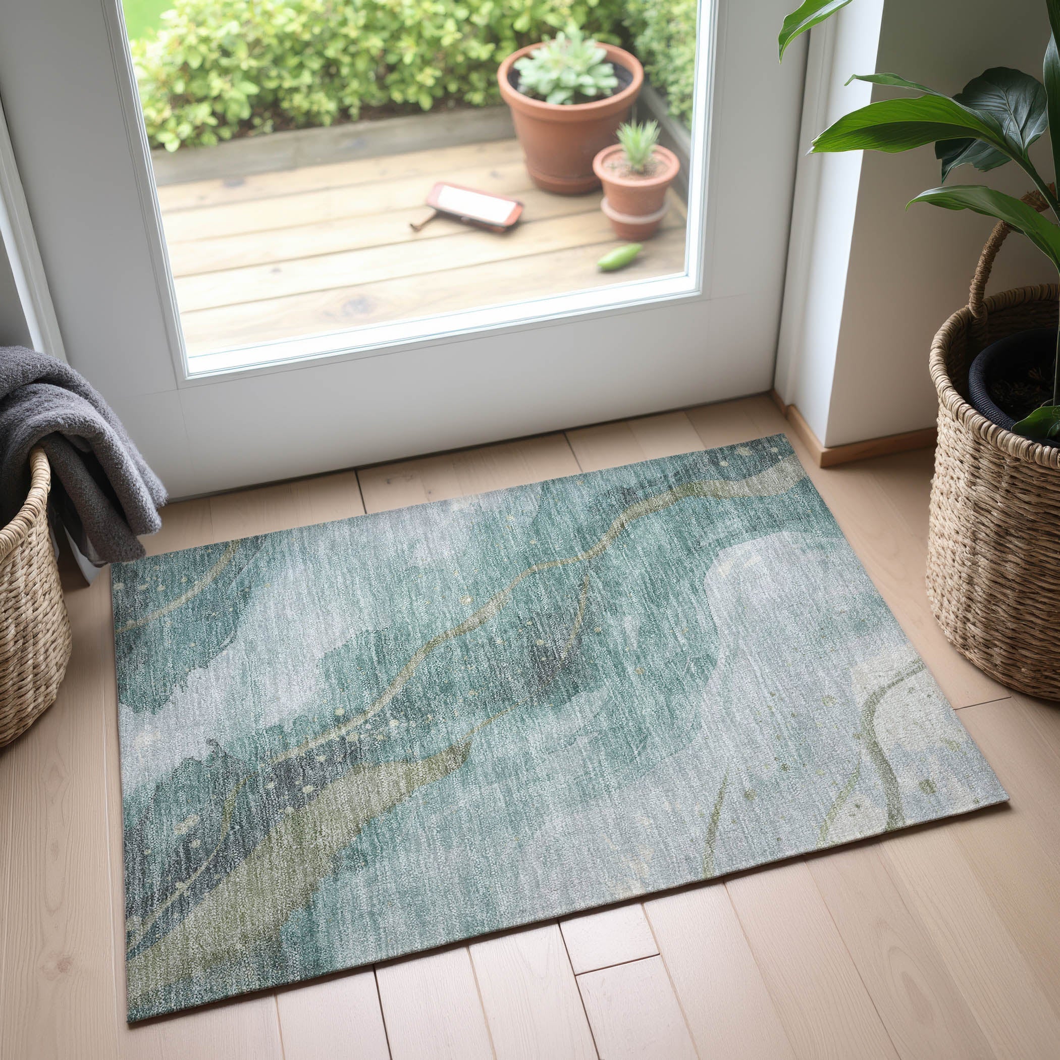 Seville Machine Washable Transitional Teal Rug 1'8" x 2'6" #shape_Rectangle
