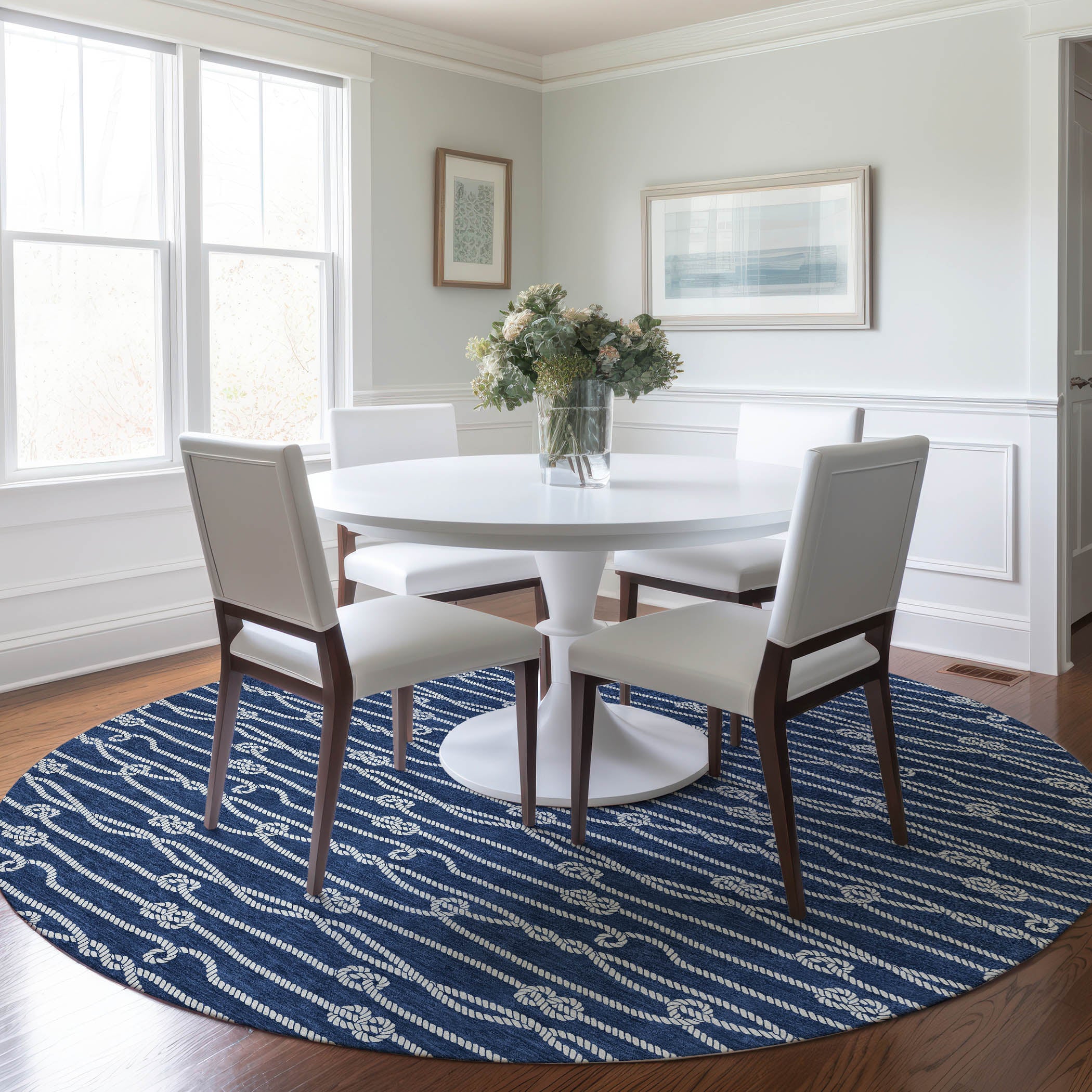Reykjavik Machine Washable Coastal Navy Blue Rug 8' x 8' #shape_Round