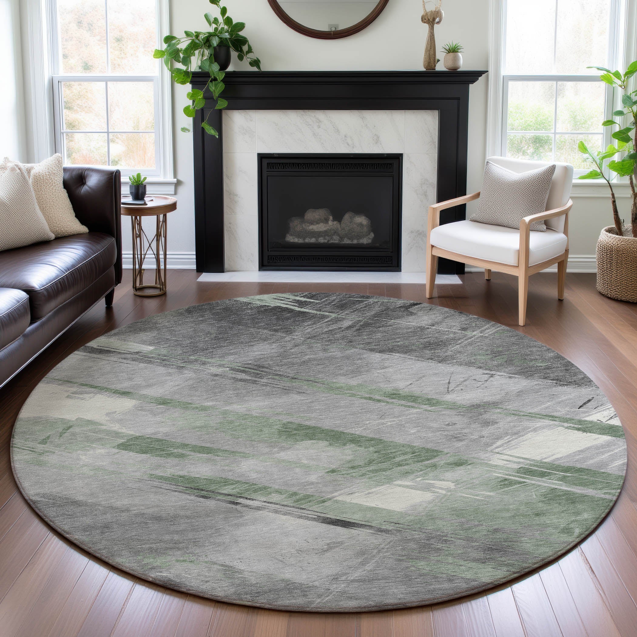 Seoul Machine Washable Transitional Aloe Green Rug 8' x 8' #shape_Round