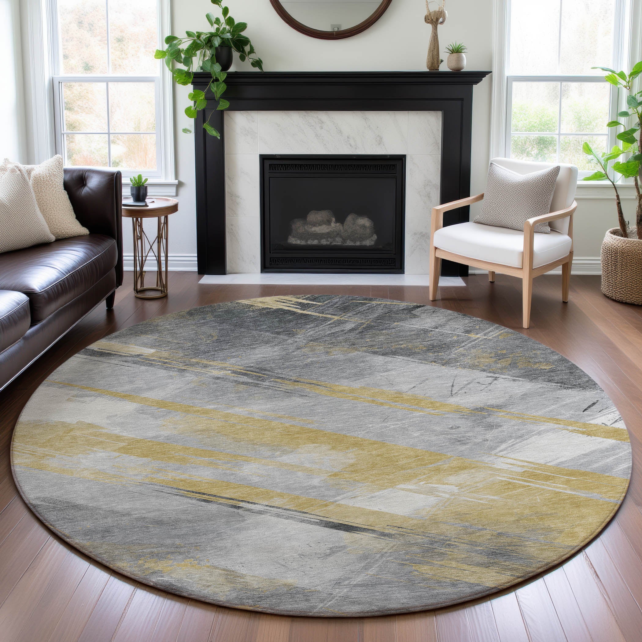 Seoul Machine Washable Transitional Gold Rug 8' x 8' #shape_Round