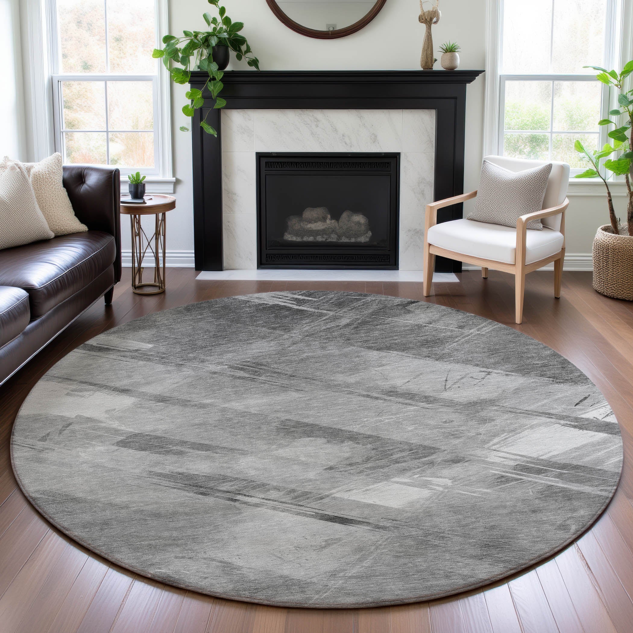 Seoul Machine Washable Transitional Gray Rug 8' x 8' #shape_Round