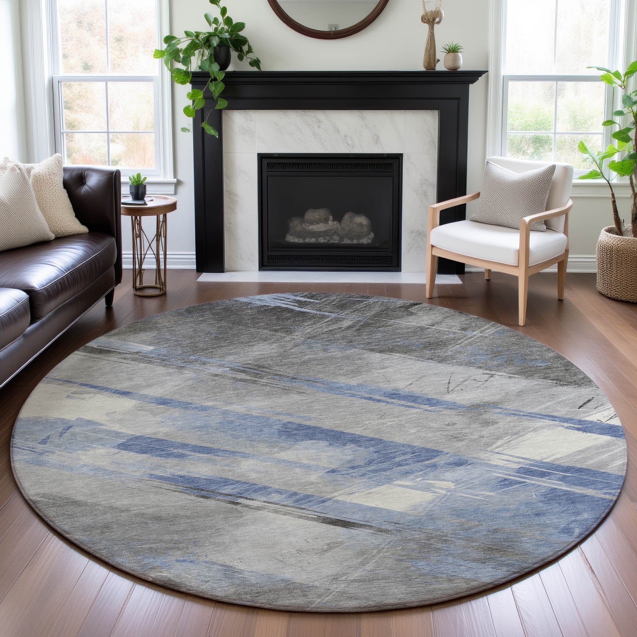 Seoul Machine Washable Transitional Sky Blue Rug 8' x 8' #shape_Round