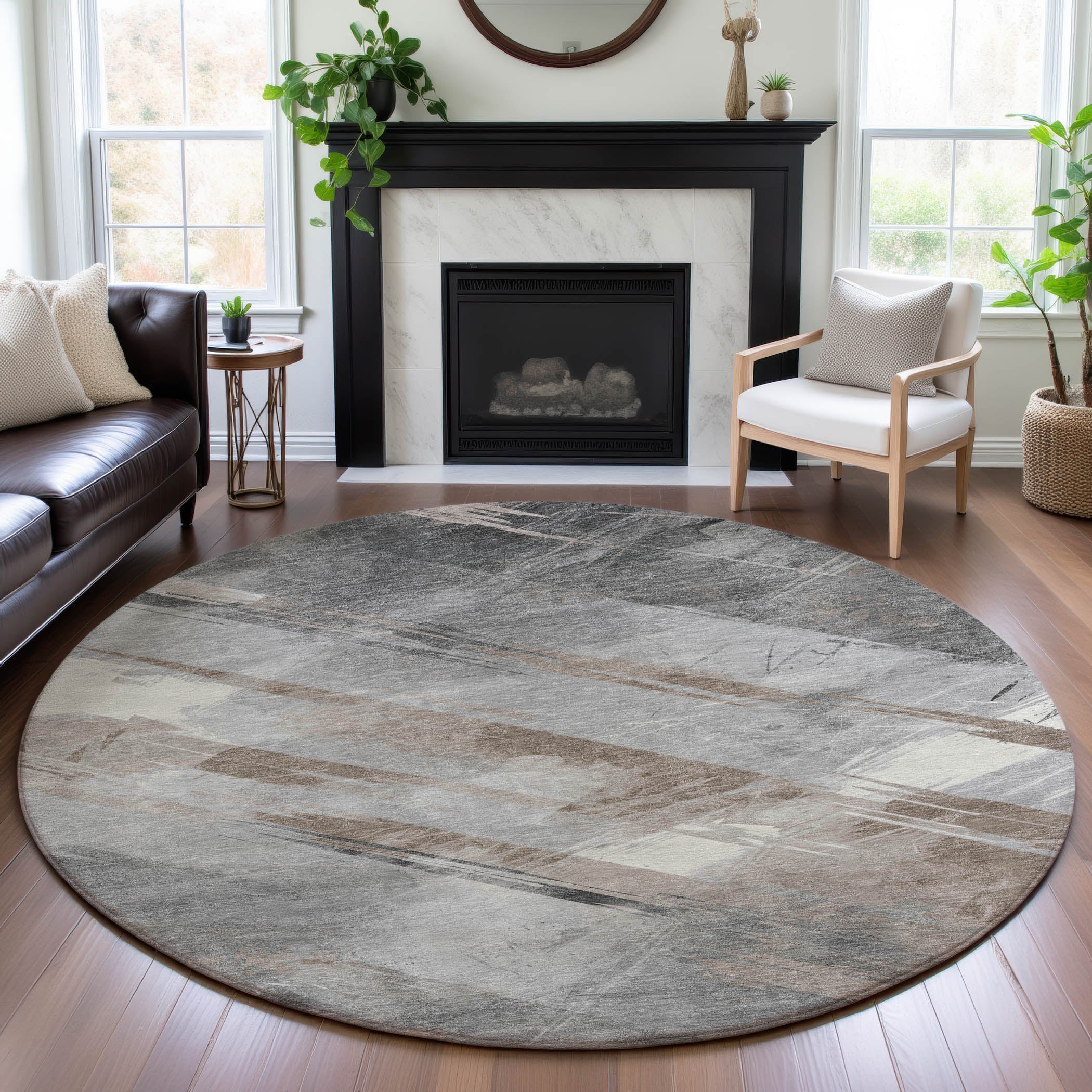 Seoul Machine Washable Transitional Taupe Brown Rug 8' x 8' #shape_Round