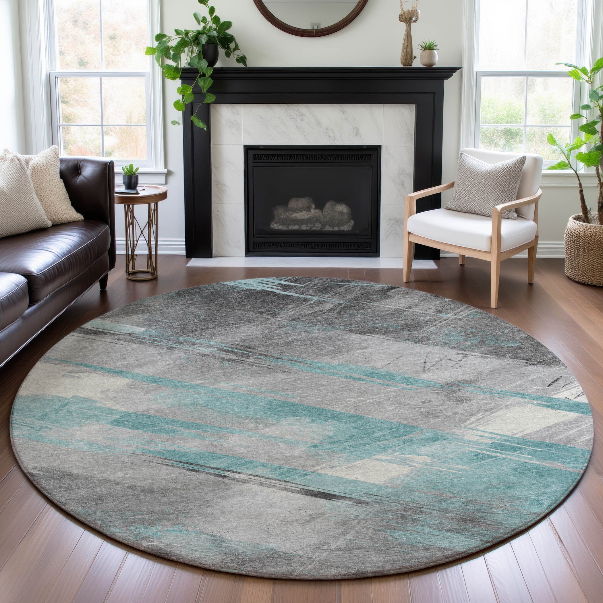 Seoul Machine Washable Transitional Teal Rug 8' x 8' #shape_Round