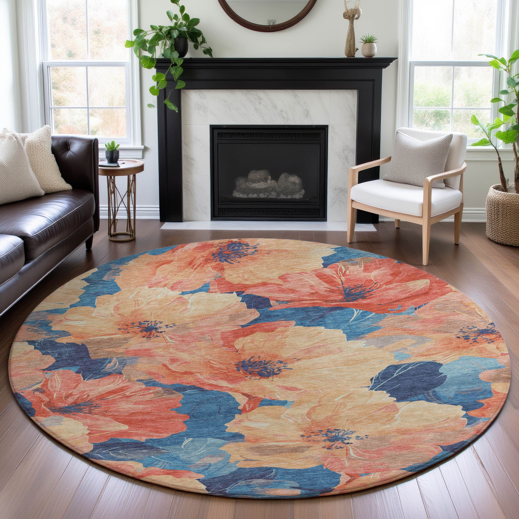 Bangkok Machine Washable Transitional Peach Orange Rug 8' x 8' #shape_Round