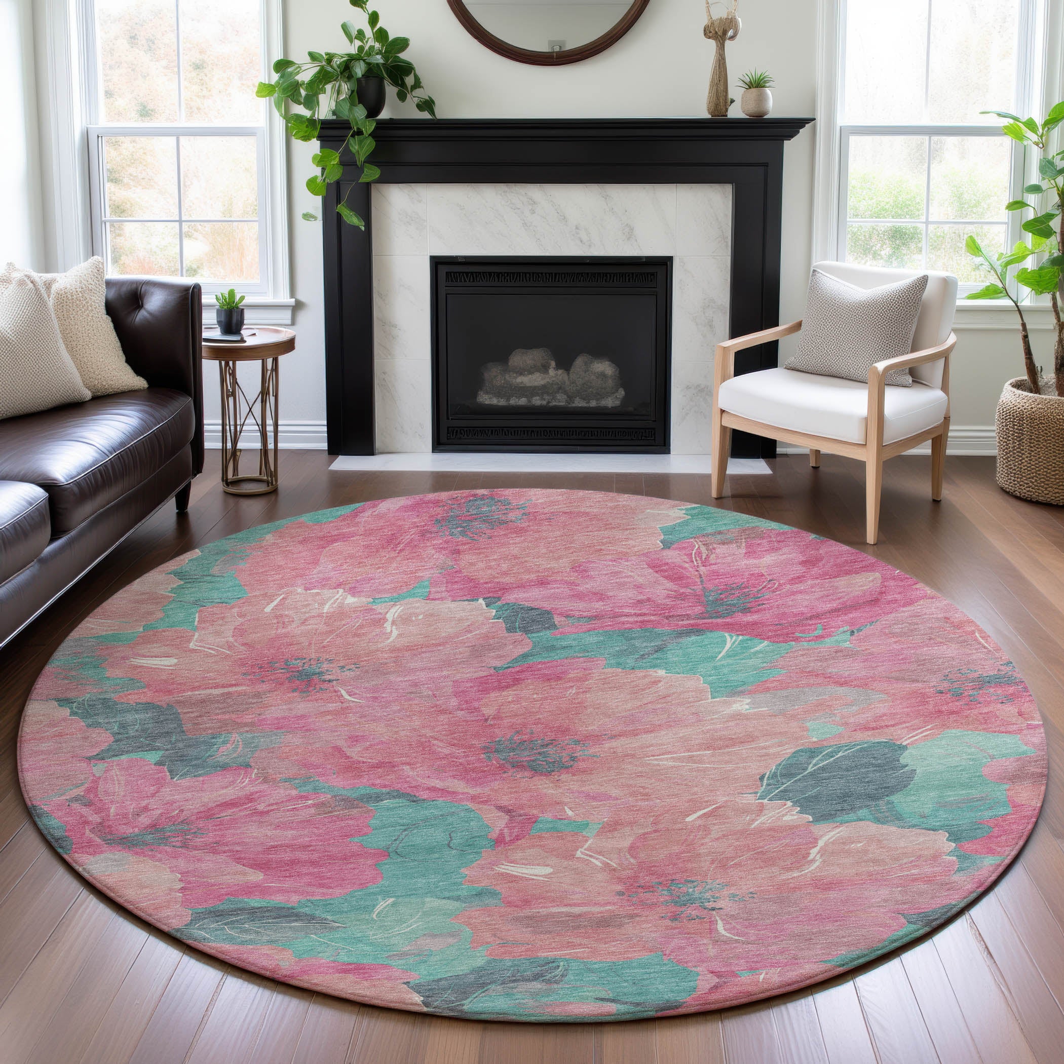 Bangkok Machine Washable Transitional Pink Rug 8' x 8' #shape_Round