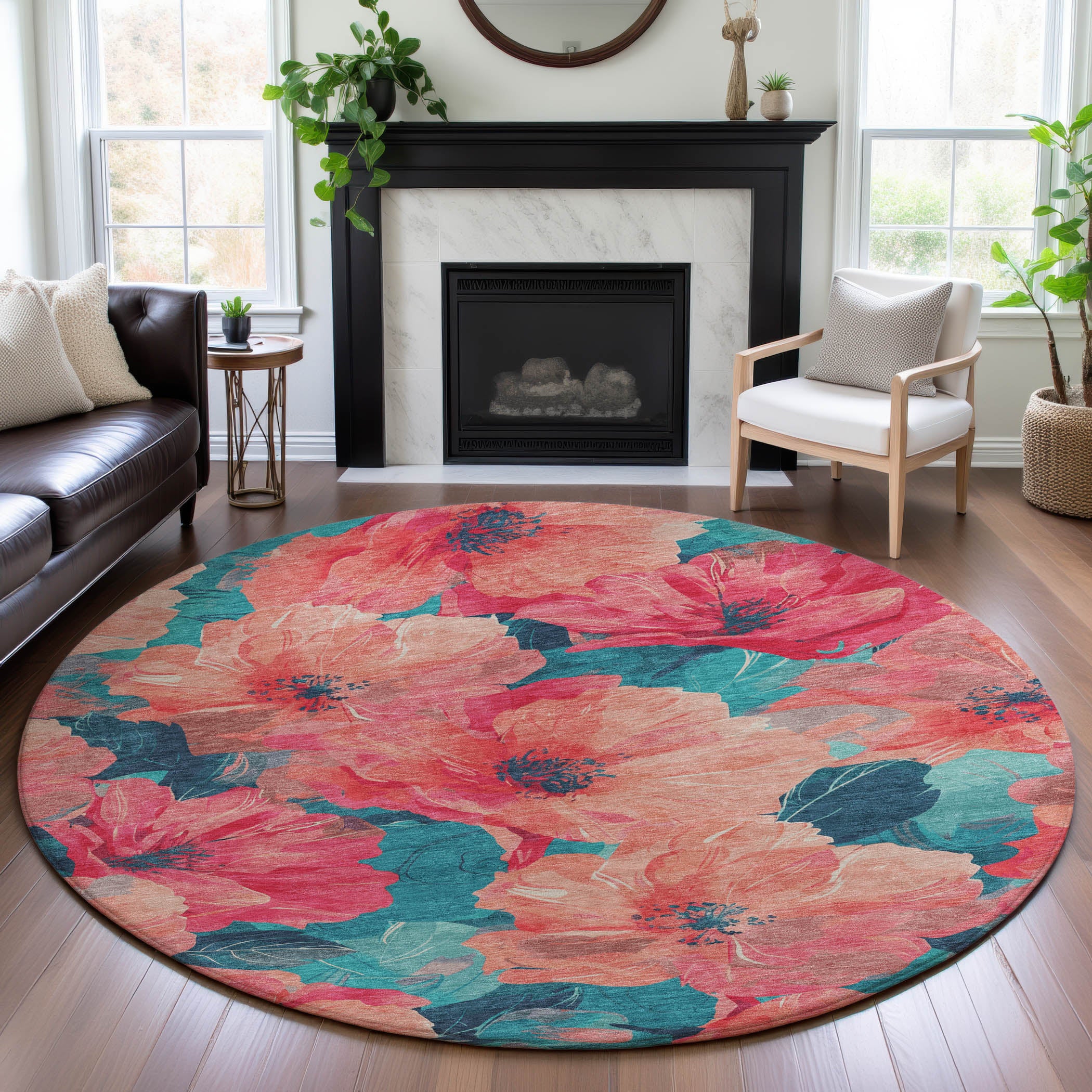 Bangkok Machine Washable Transitional Salmon Orange Rug 8' x 8' #shape_Round