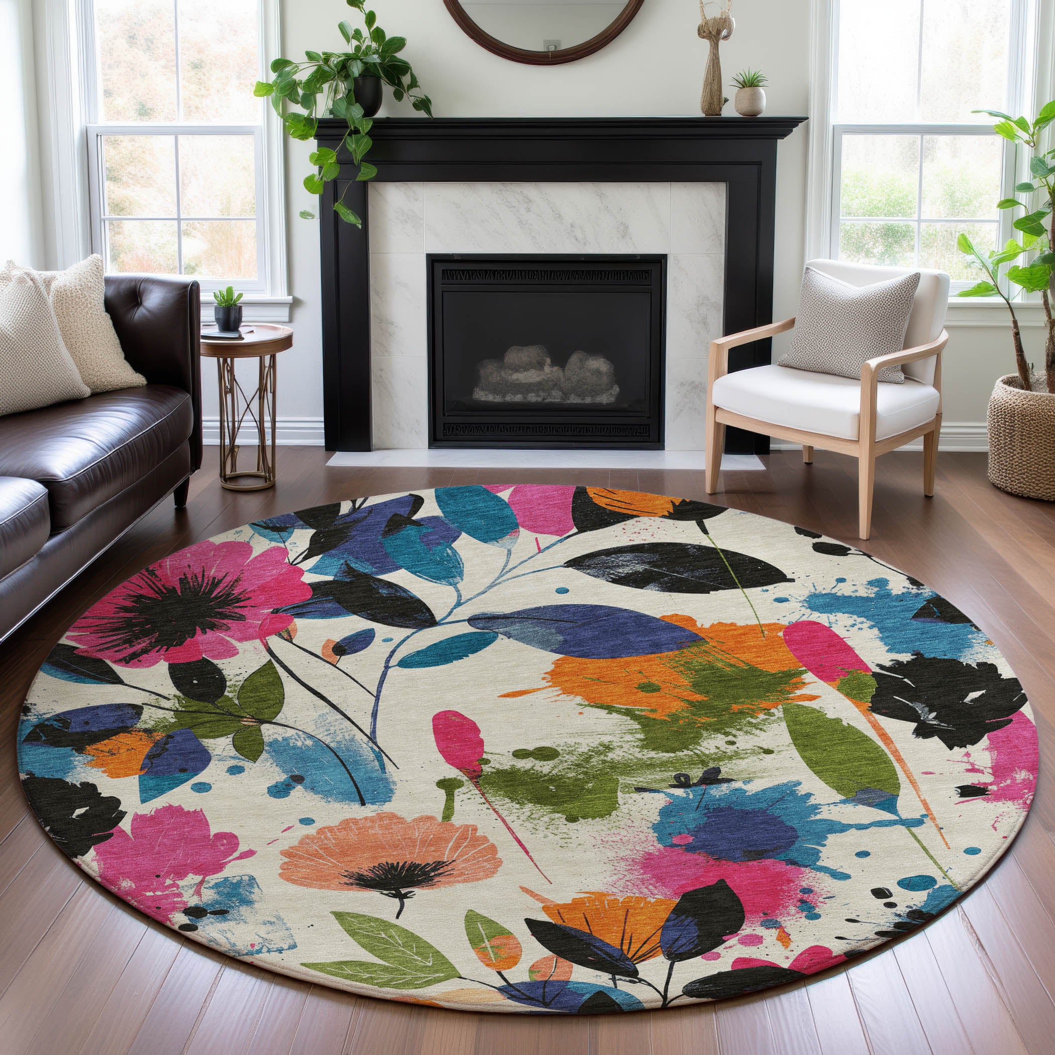 Montevideo Machine Washable Transitional Ivory Rug 8' x 8' #shape_Round