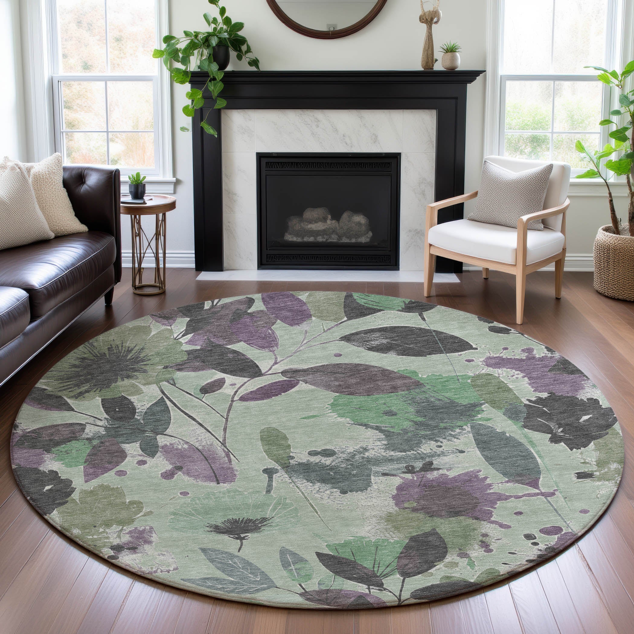 Montevideo Machine Washable Transitional Sage Green Rug 8' x 8' #shape_Round