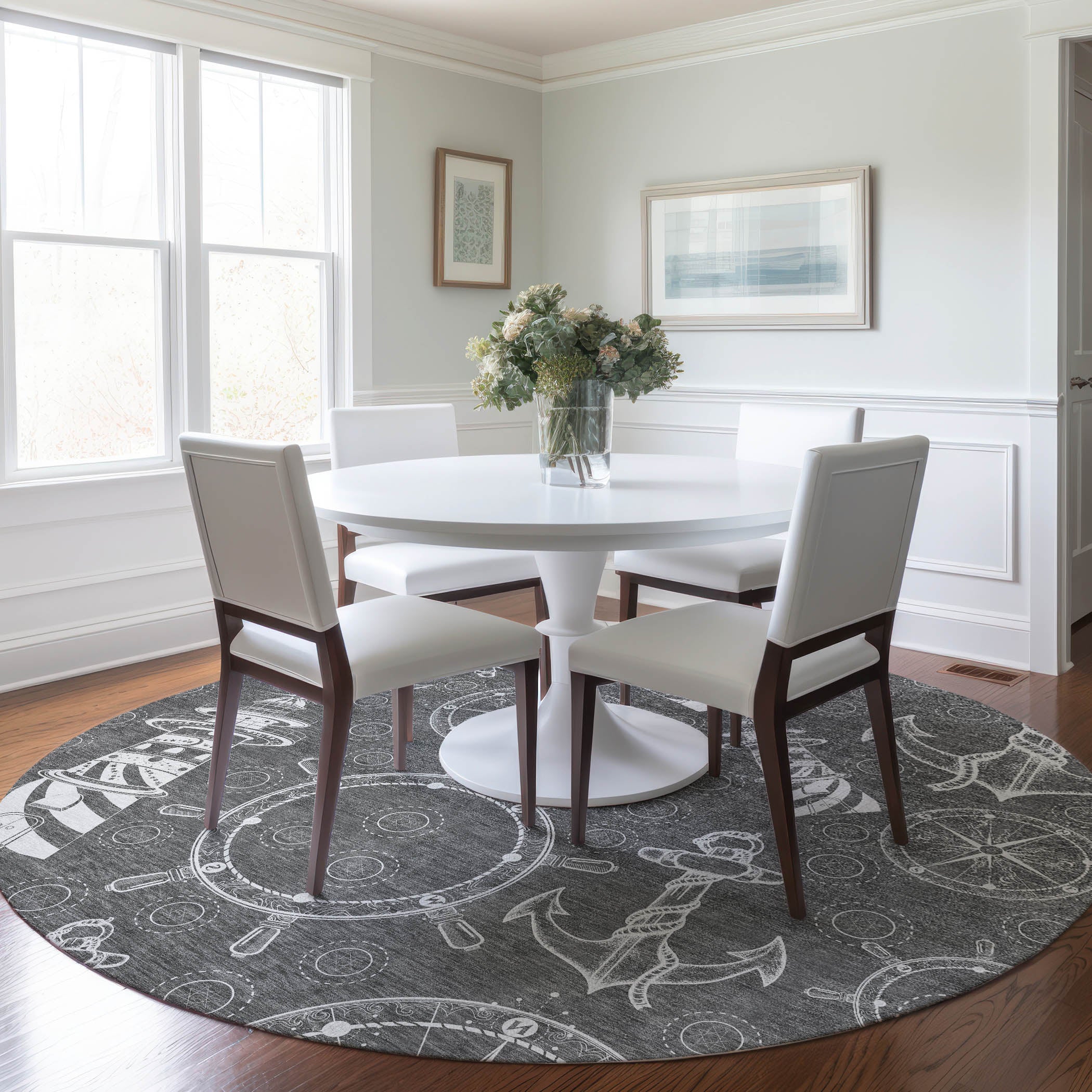 Baku Machine Washable Coastal Gray Rug 8' x 8' #shape_Round