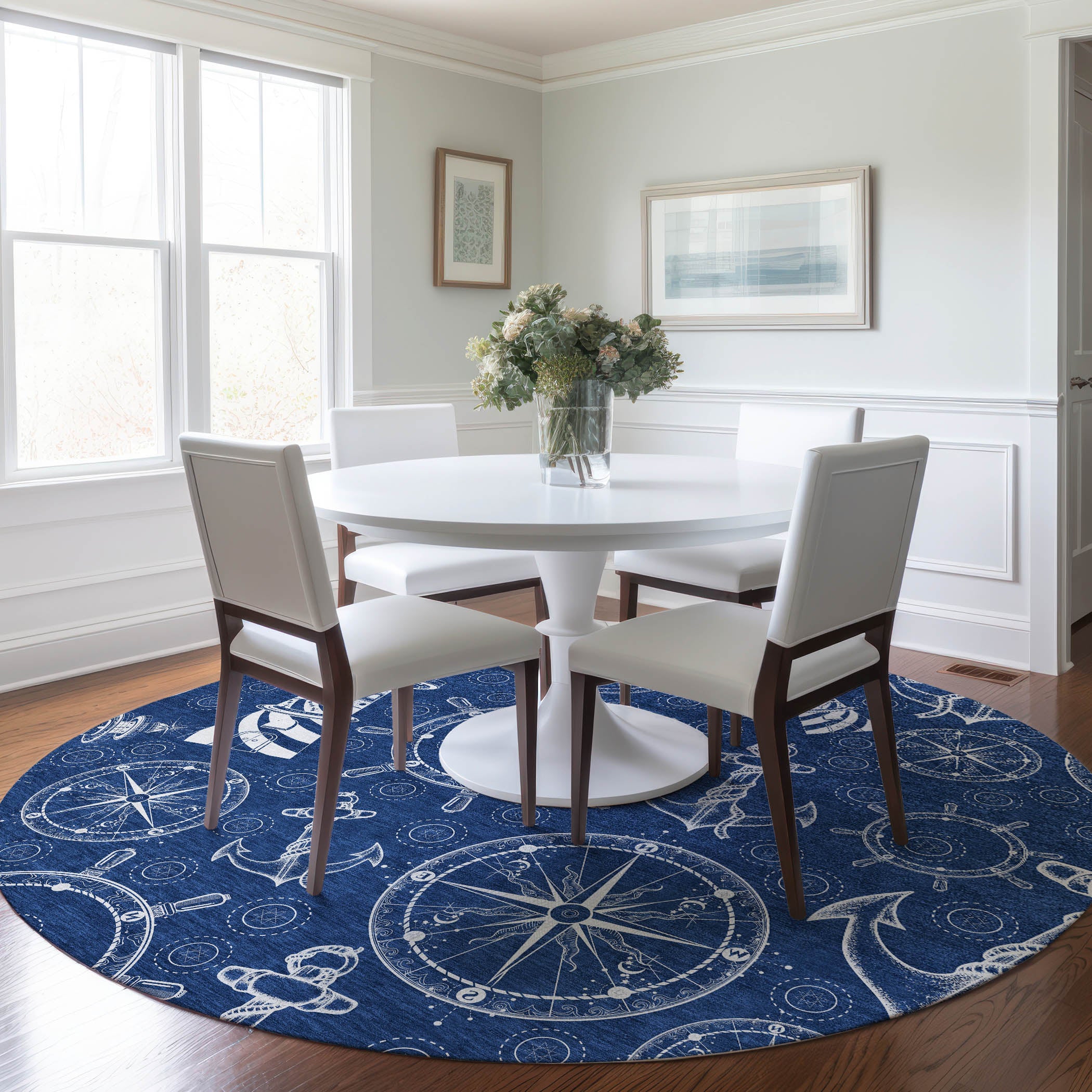 Baku Machine Washable Coastal Navy Blue Rug 8' x 8' #shape_Round