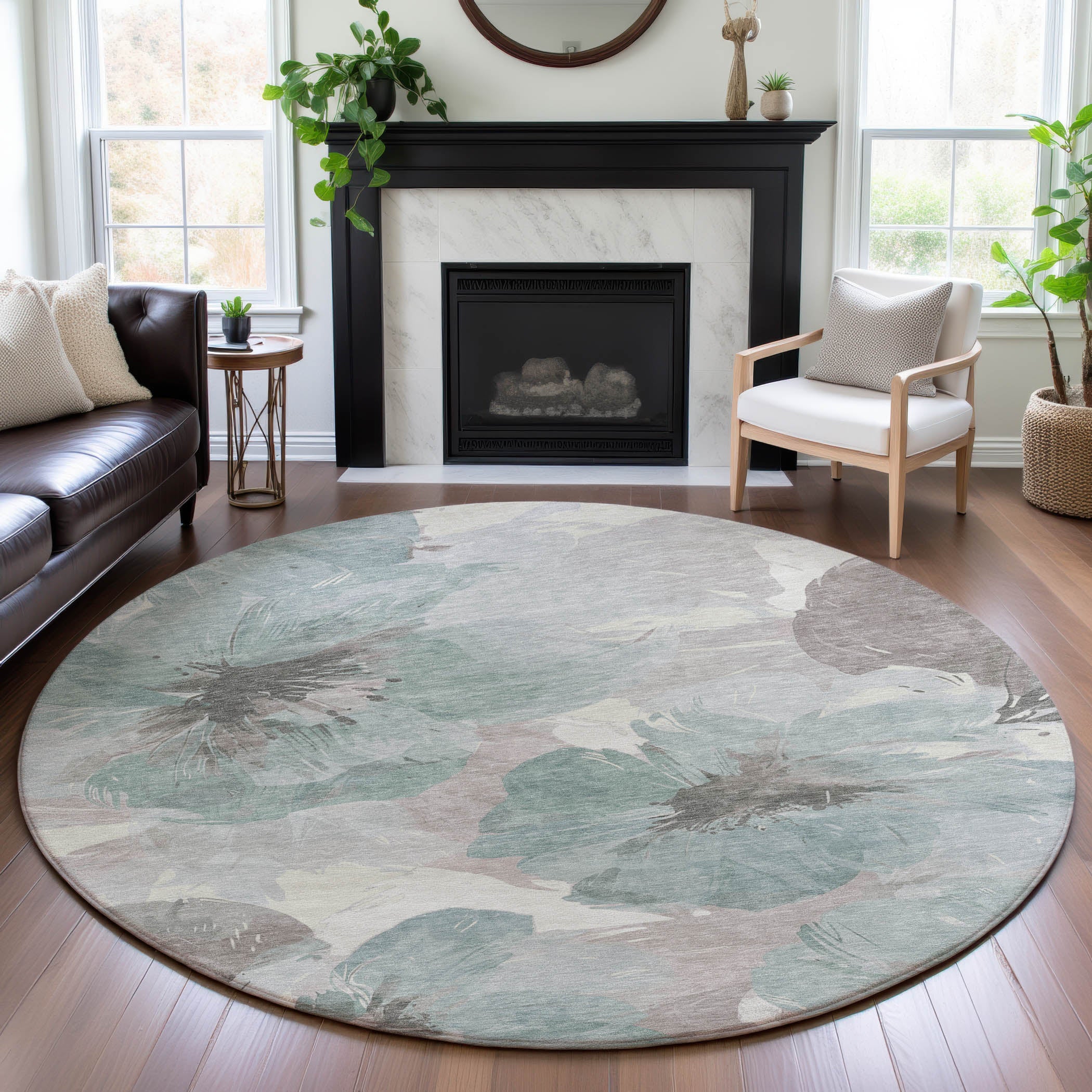 Split Machine Washable Transitional Seafoam Blue Rug 8' x 8' #shape_Round