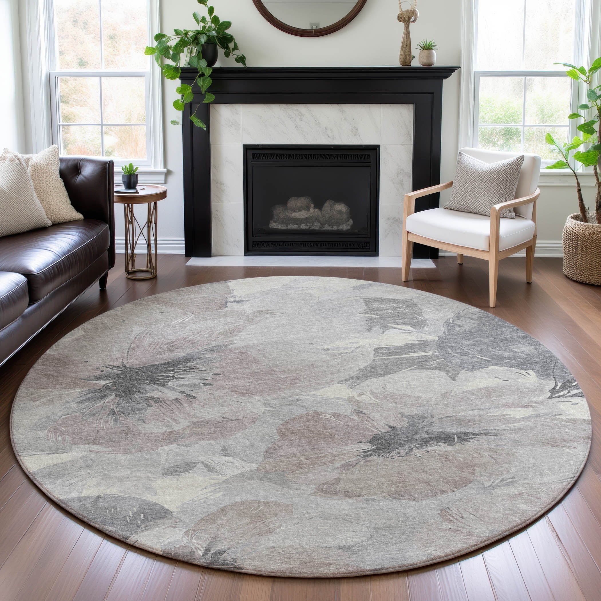 Split Machine Washable Transitional Taupe Brown Rug 8' x 8' #shape_Round