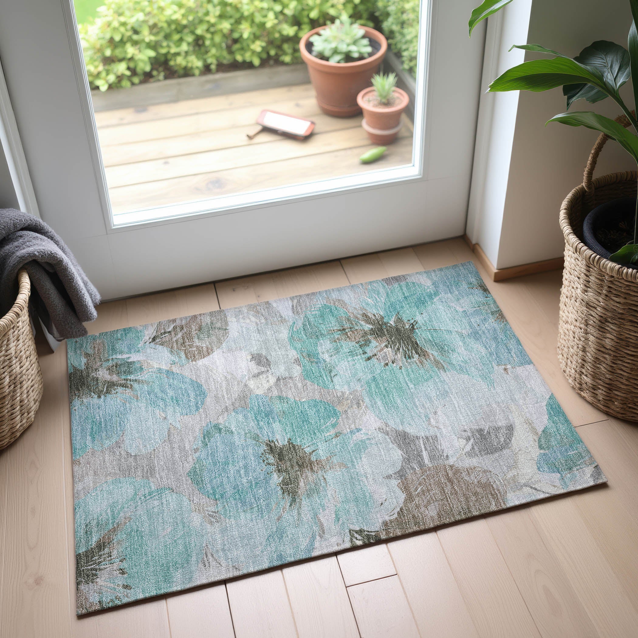 Split Machine Washable Transitional Teal Rug 1'8" x 2'6" #shape_Rectangle