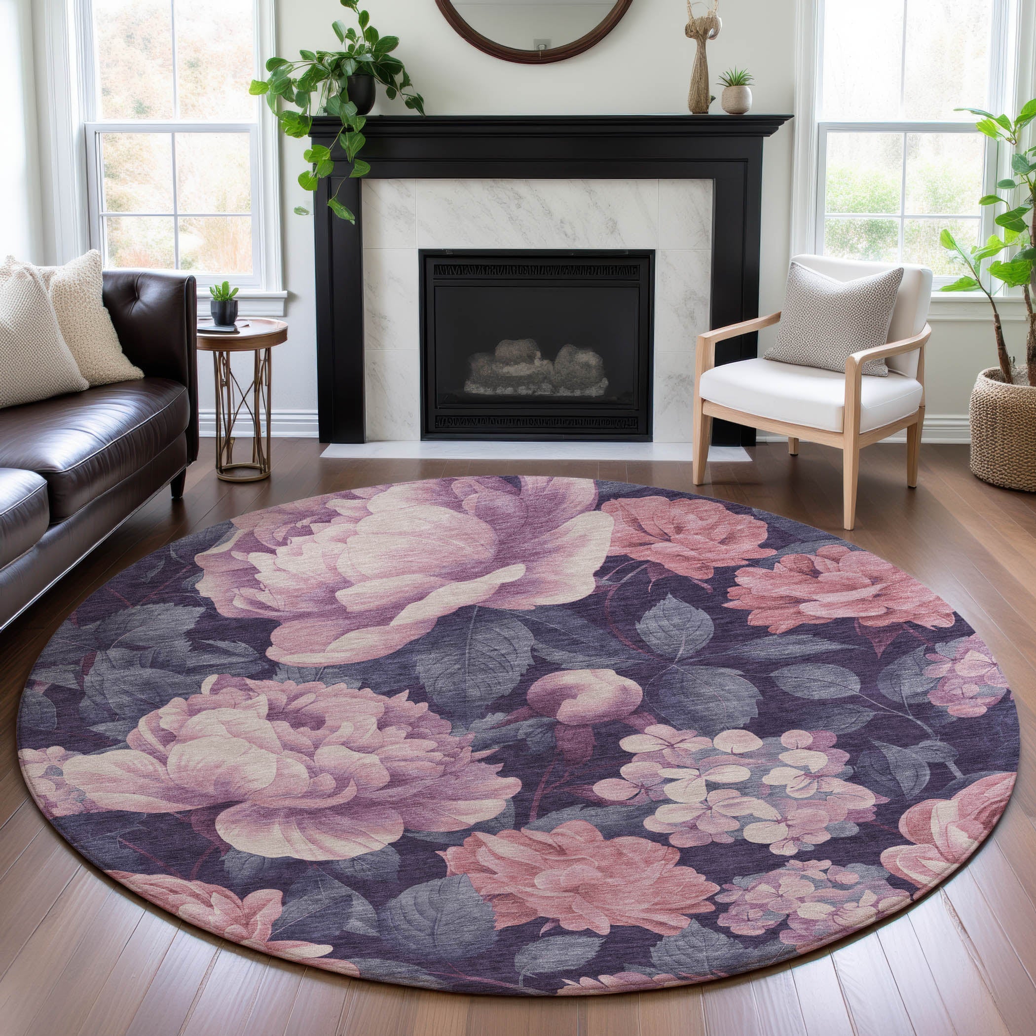 Oslo Machine Washable Transitional Pink Rug 8' x 8' #shape_Round