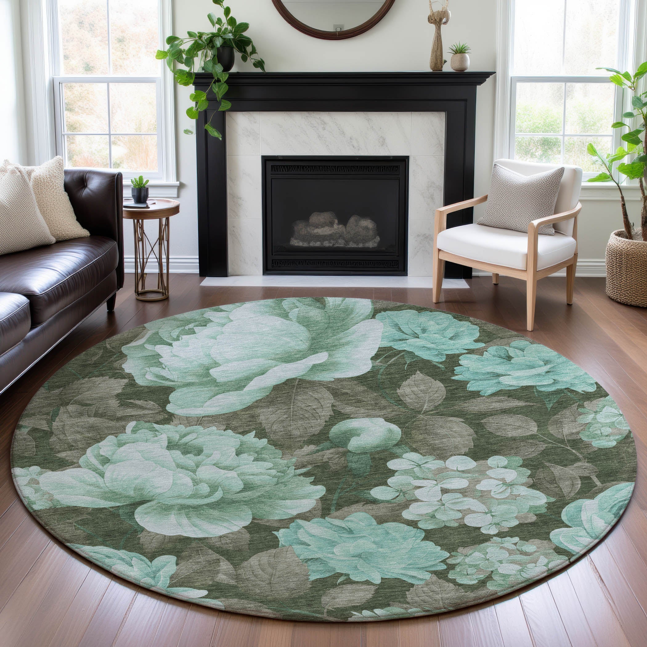 Oslo Machine Washable Transitional Seafoam Blue Rug 8' x 8' #shape_Round