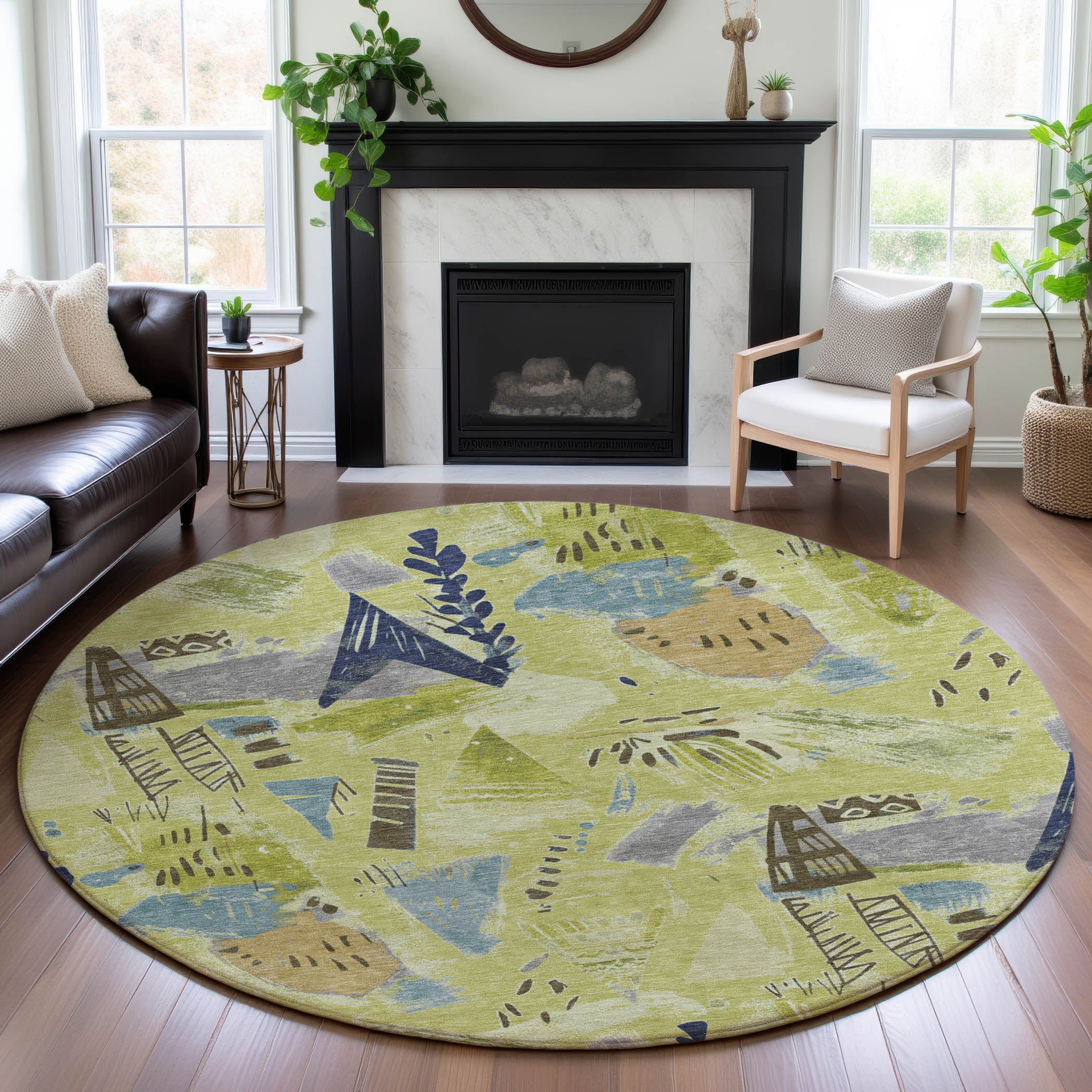 Cusco Machine Washable Transitional Aloe Green Rug 8' x 8' #shape_Round