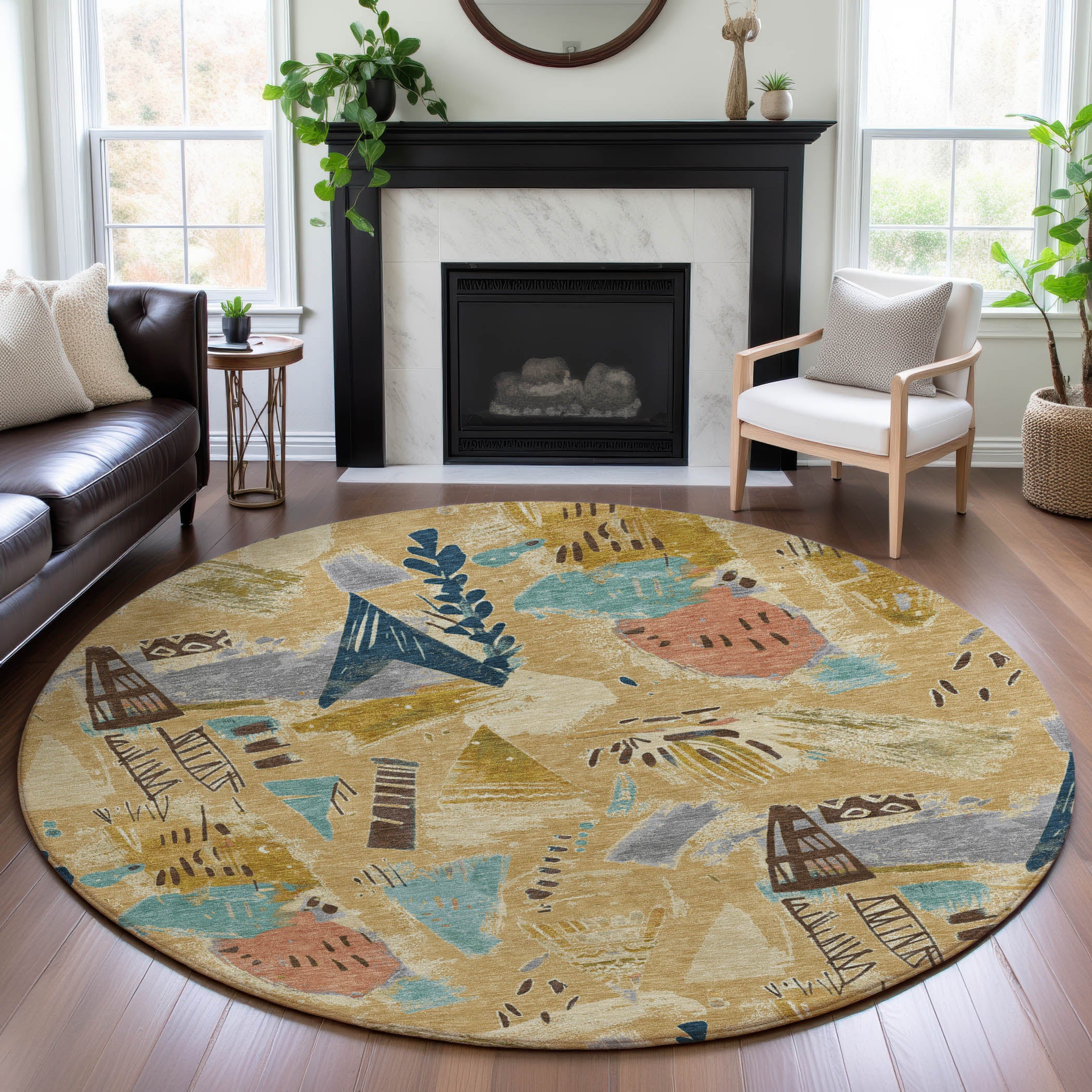 Cusco Machine Washable Transitional Gold Rug 8' x 8' #shape_Round