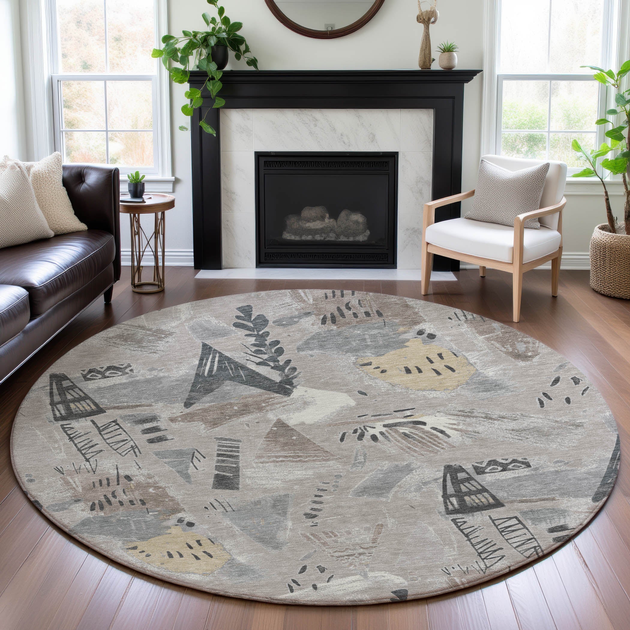 Cusco Machine Washable Transitional Taupe Brown Rug 8' x 8' #shape_Round