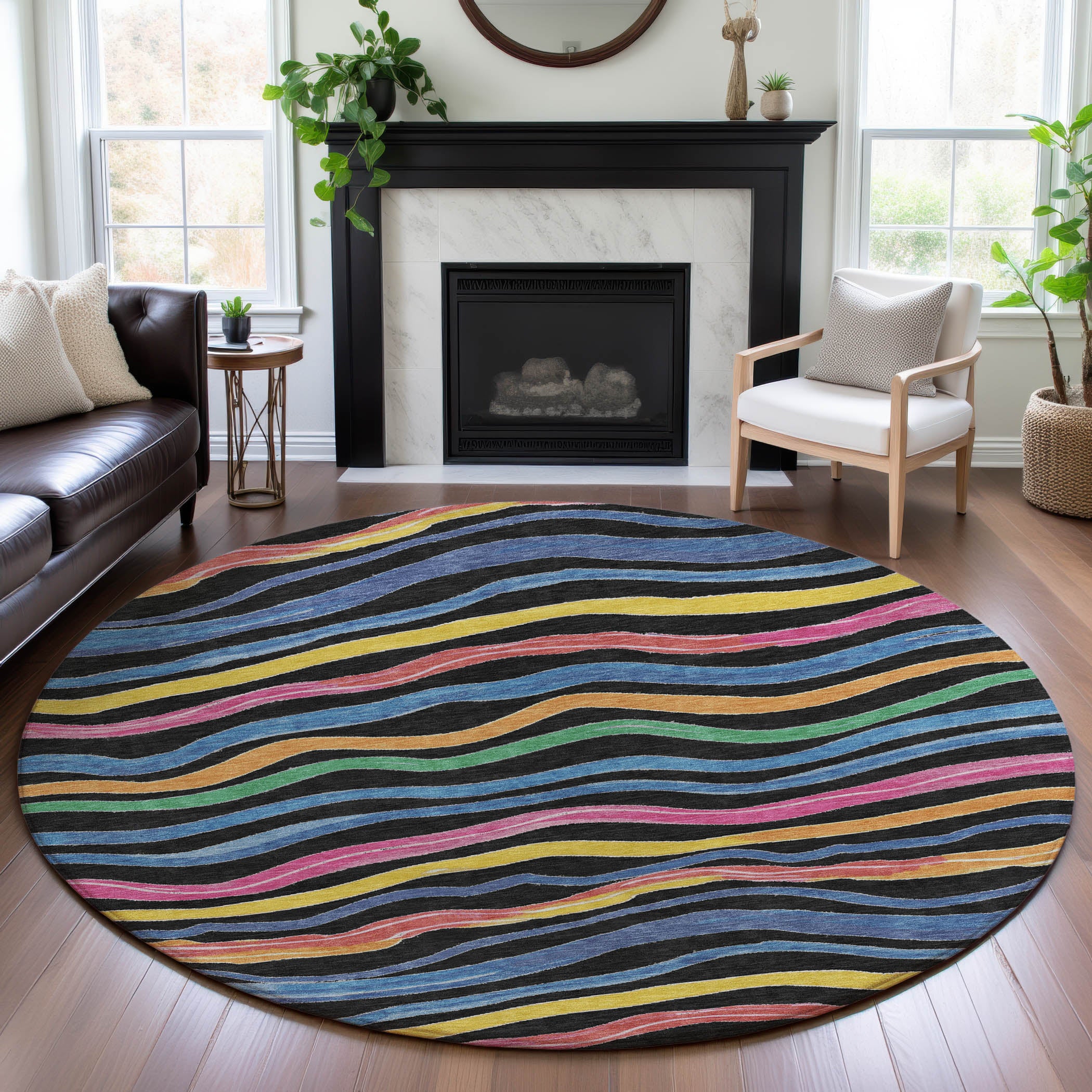 Nairobi Machine Washable Transitional Black Rug 8' x 8' #shape_Round