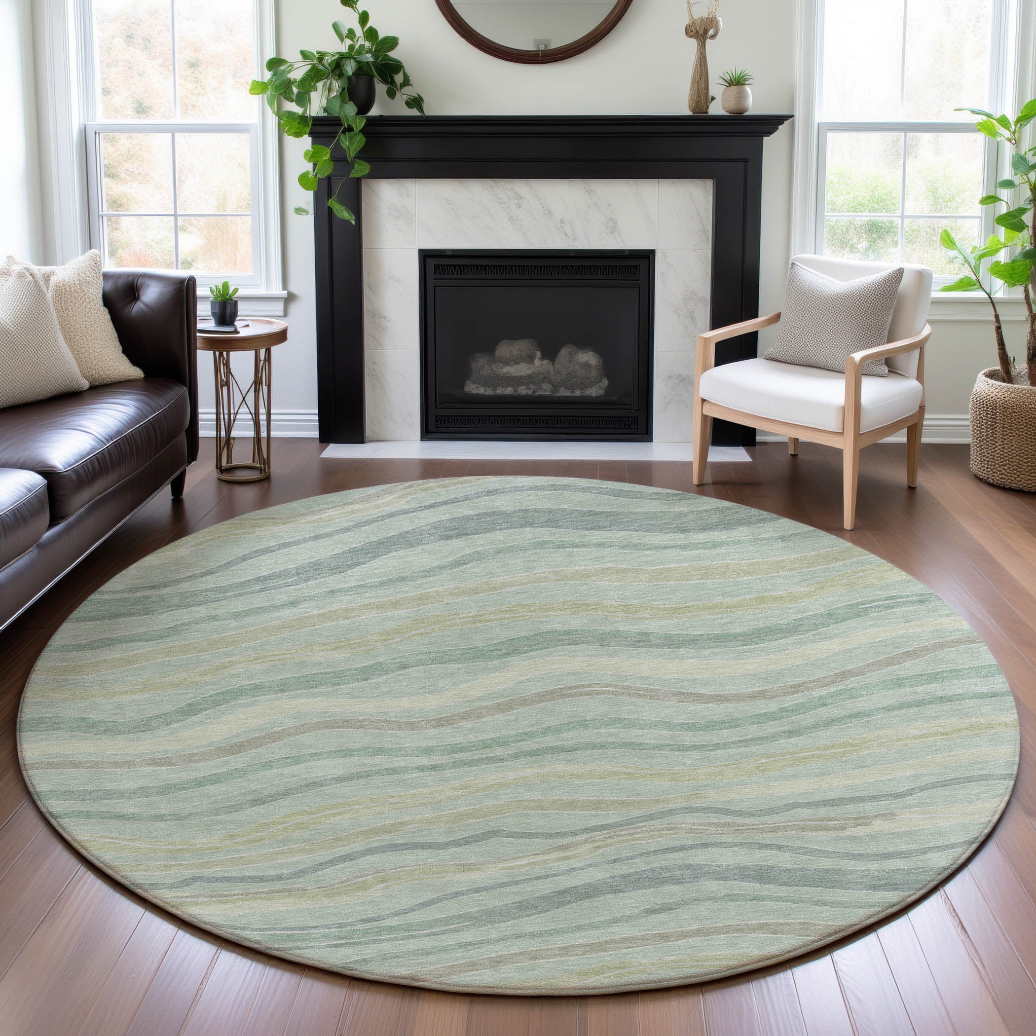 Nairobi Machine Washable Transitional Sage Green Rug 8' x 8' #shape_Round
