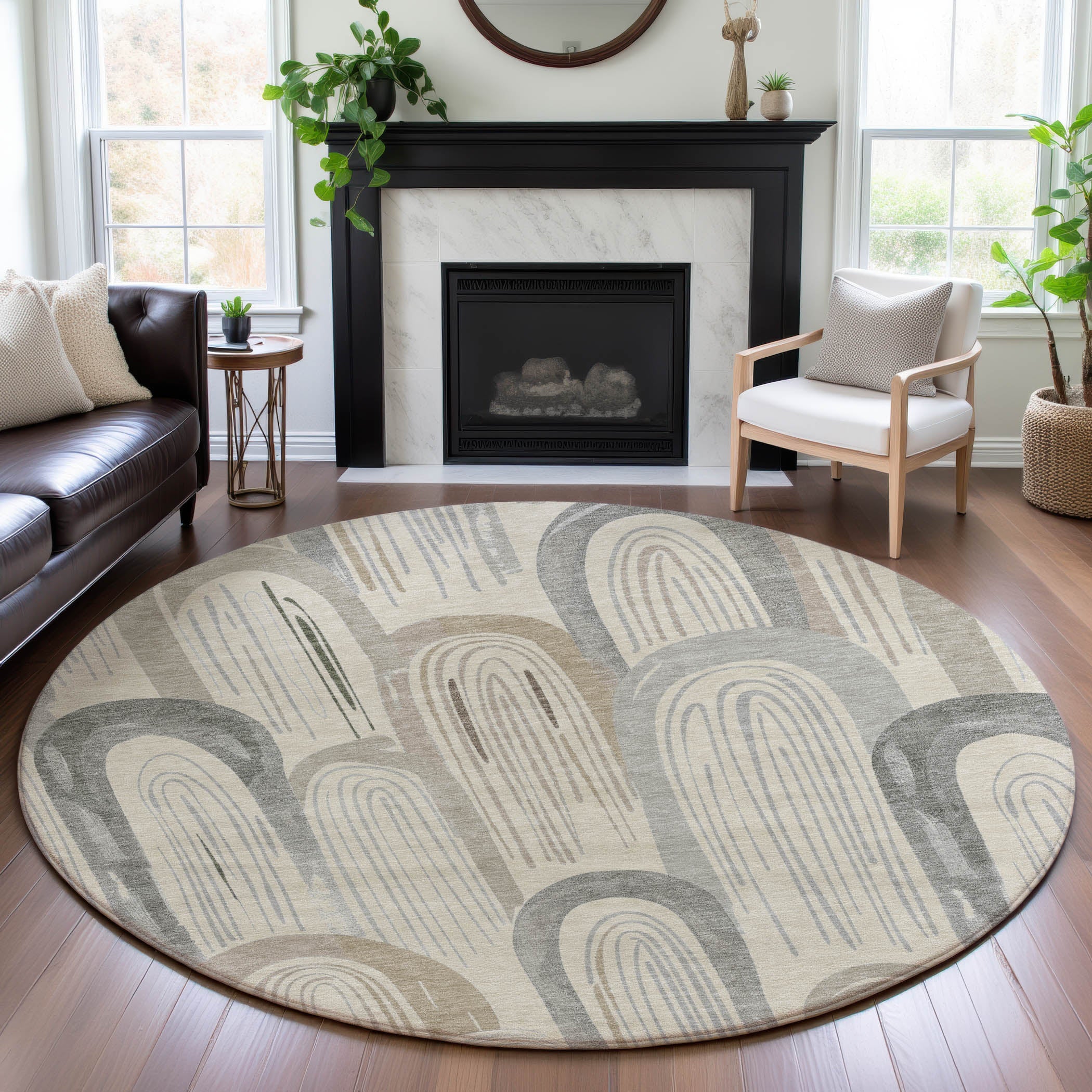 Ghent Machine Washable Transitional Beige Brown Rug 8' x 8' #shape_Round