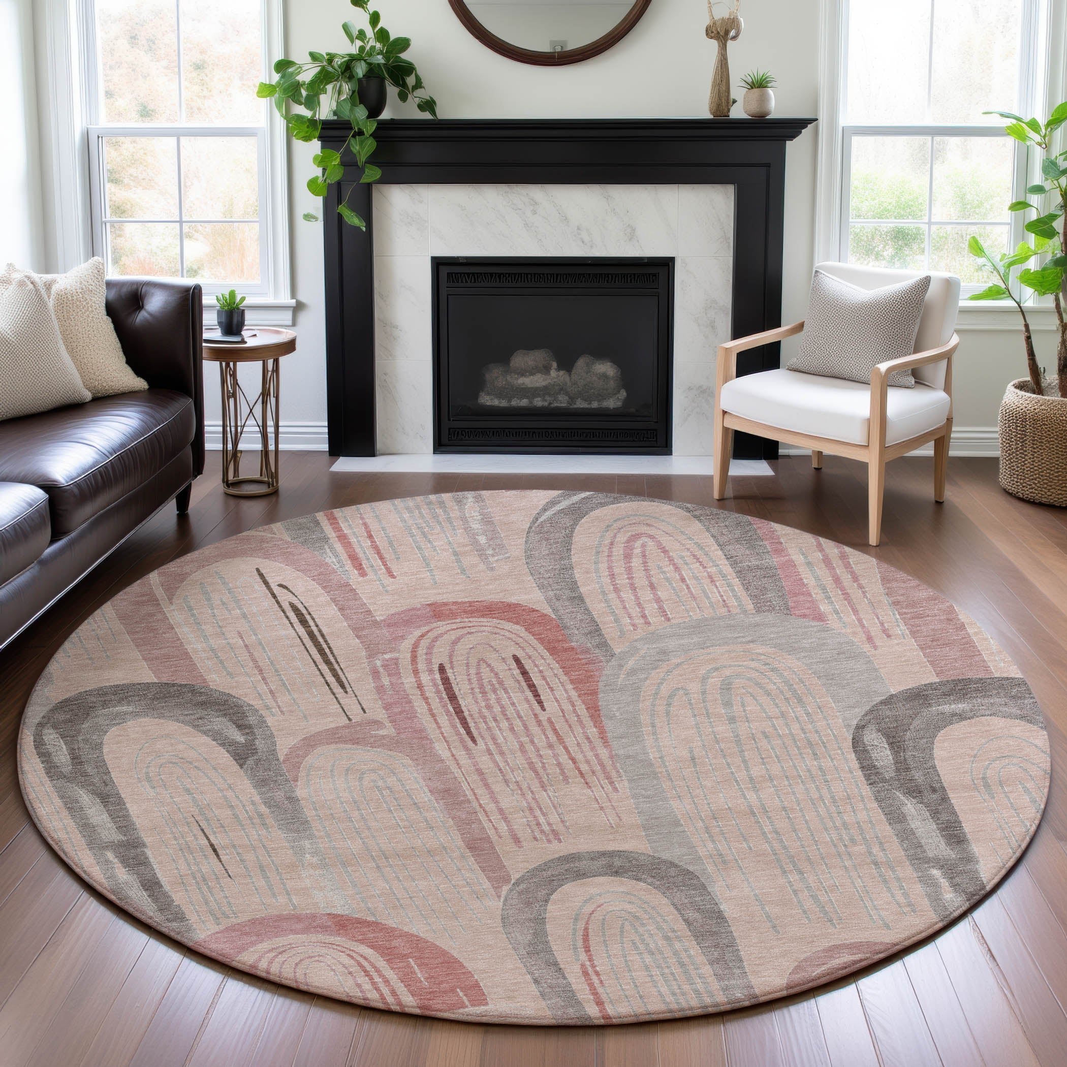 Ghent Machine Washable Transitional Salmon Orange Rug 8' x 8' #shape_Round