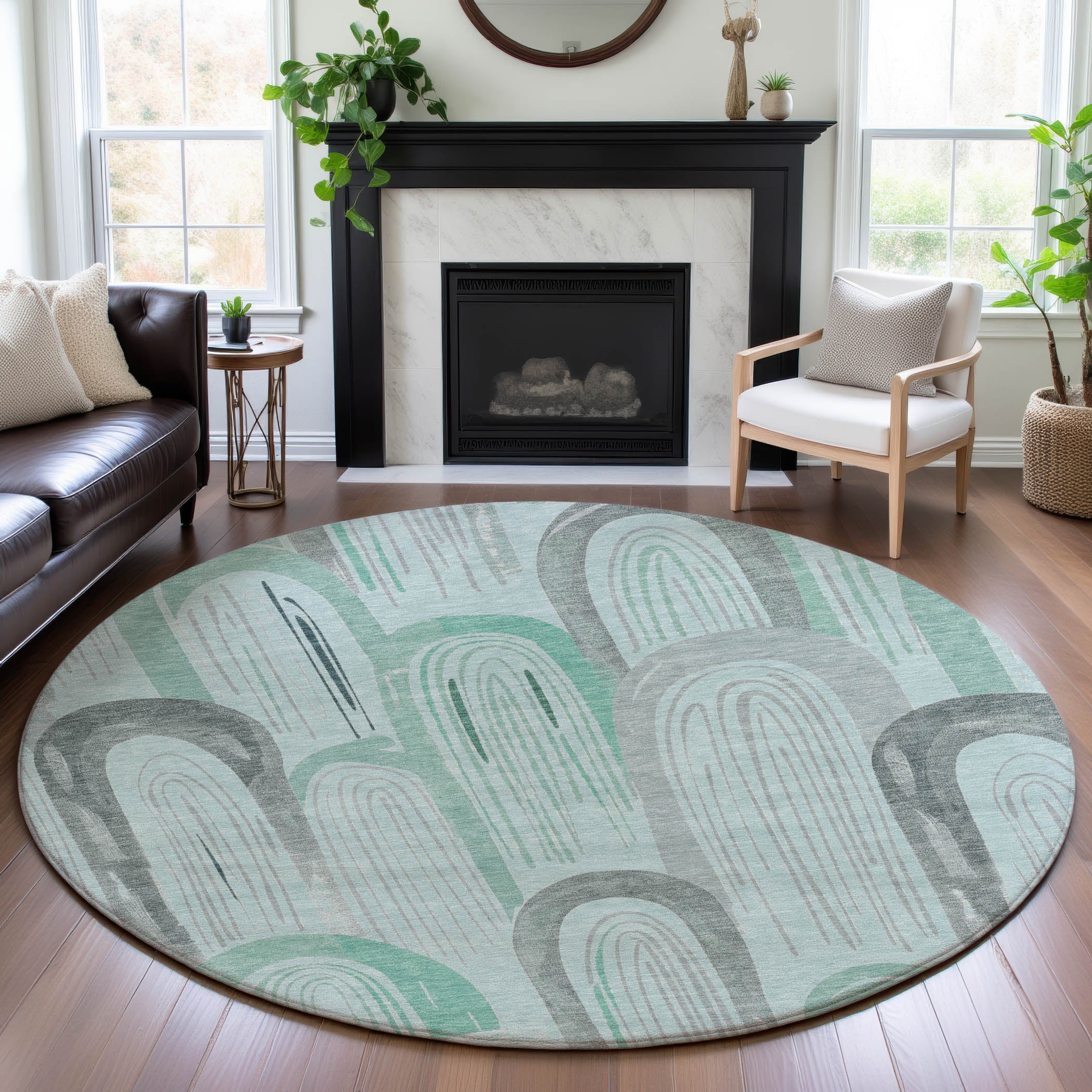 Ghent Machine Washable Transitional Seafoam Blue Rug 8' x 8' #shape_Round
