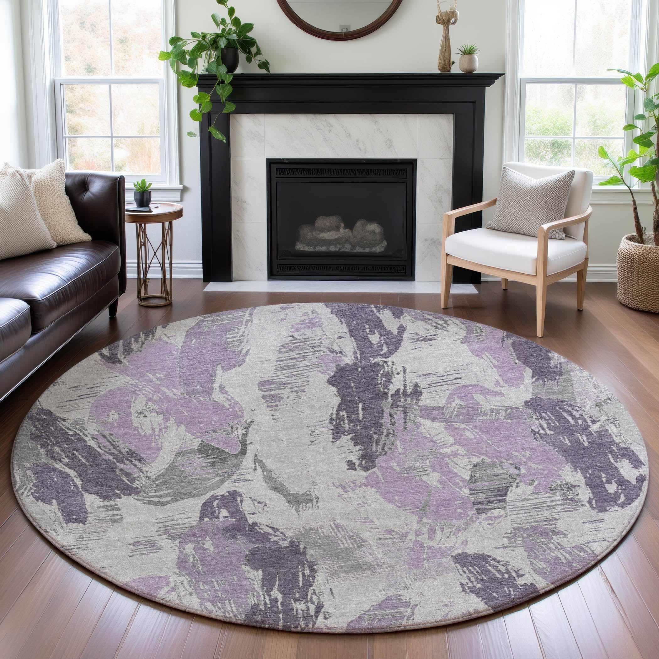 Cairo Machine Washable Transitional Lavender Purple Rug 8' x 8' #shape_Round