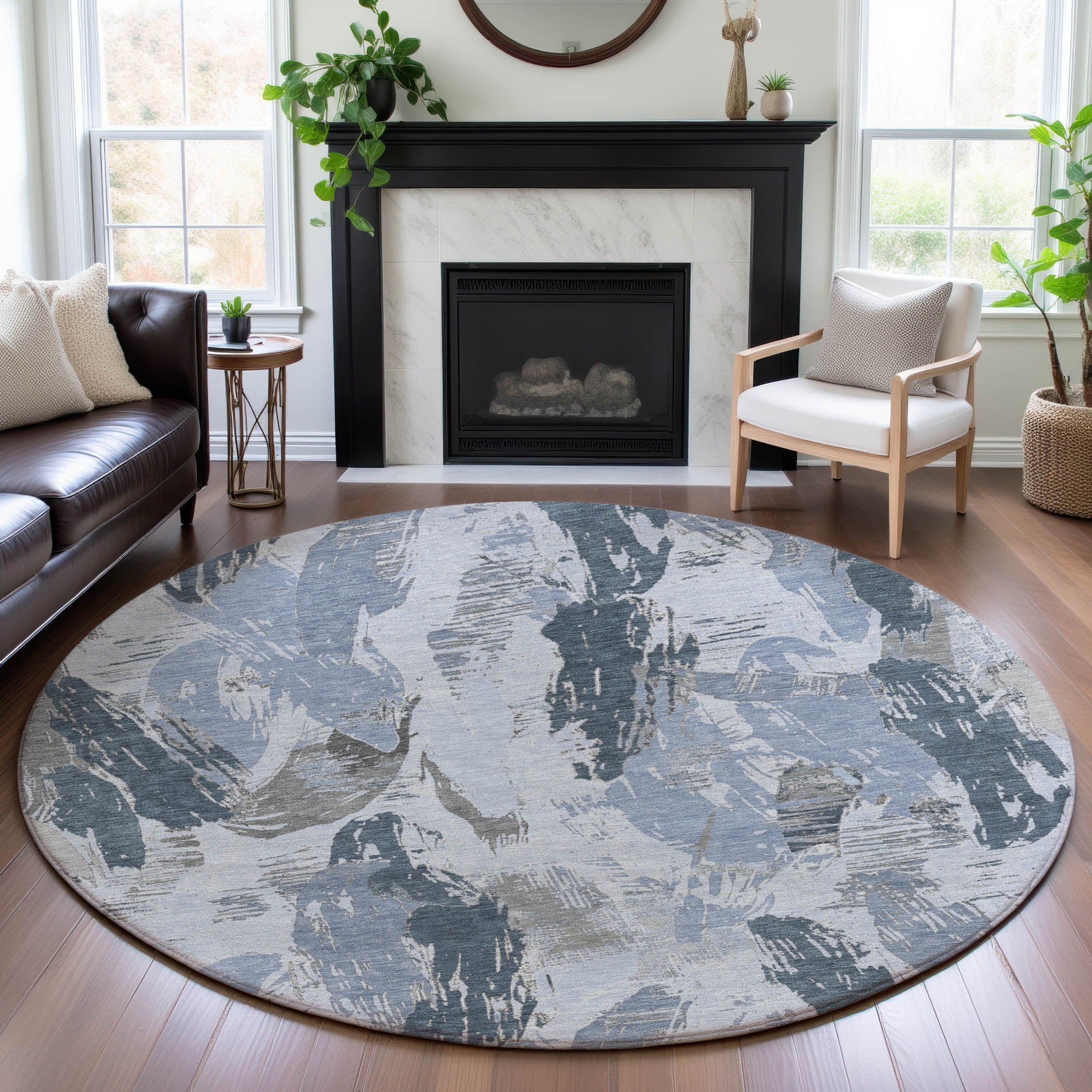 Cairo Machine Washable Transitional Sky Blue Rug 8' x 8' #shape_Round