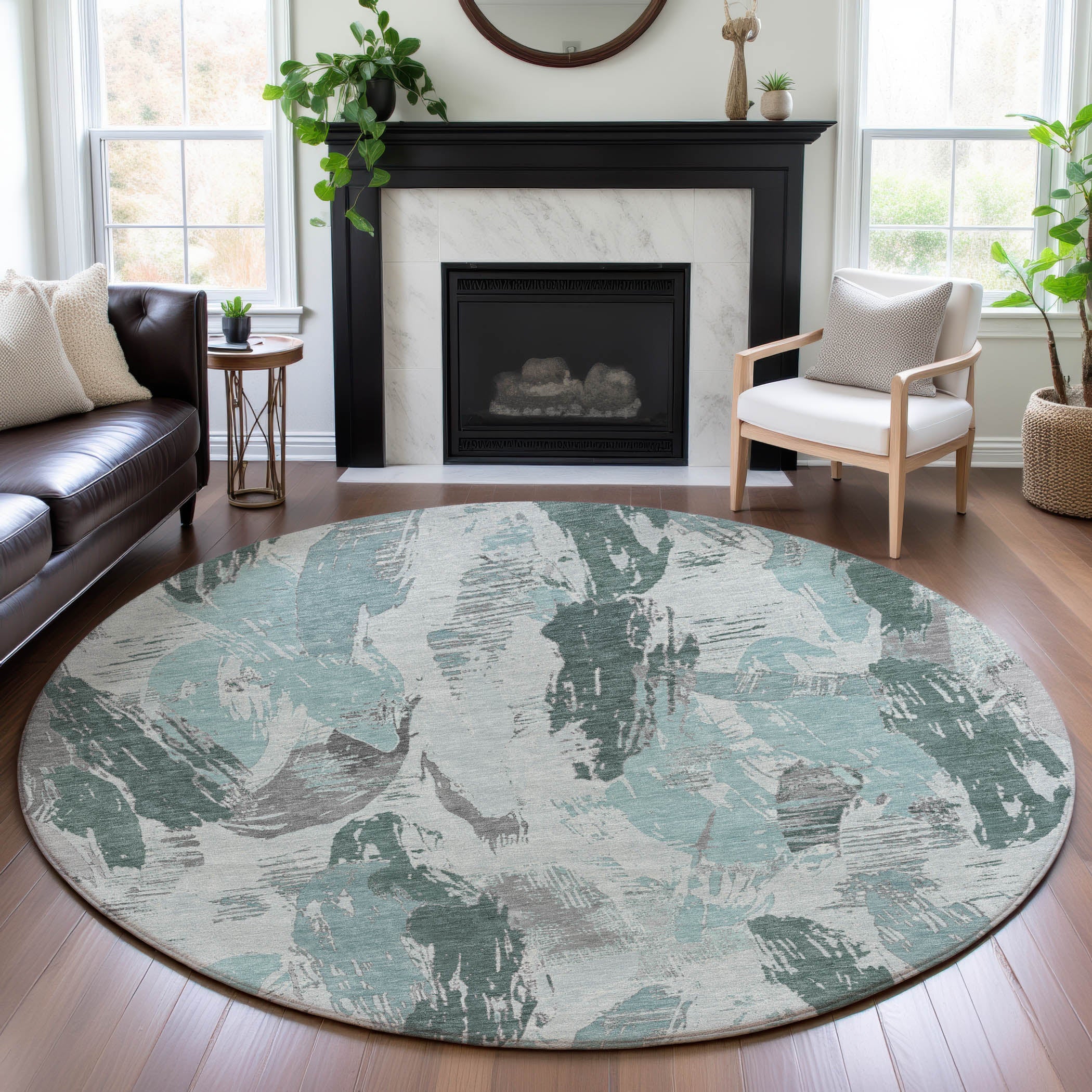 Cairo Machine Washable Transitional Teal Rug 8' x 8' #shape_Round