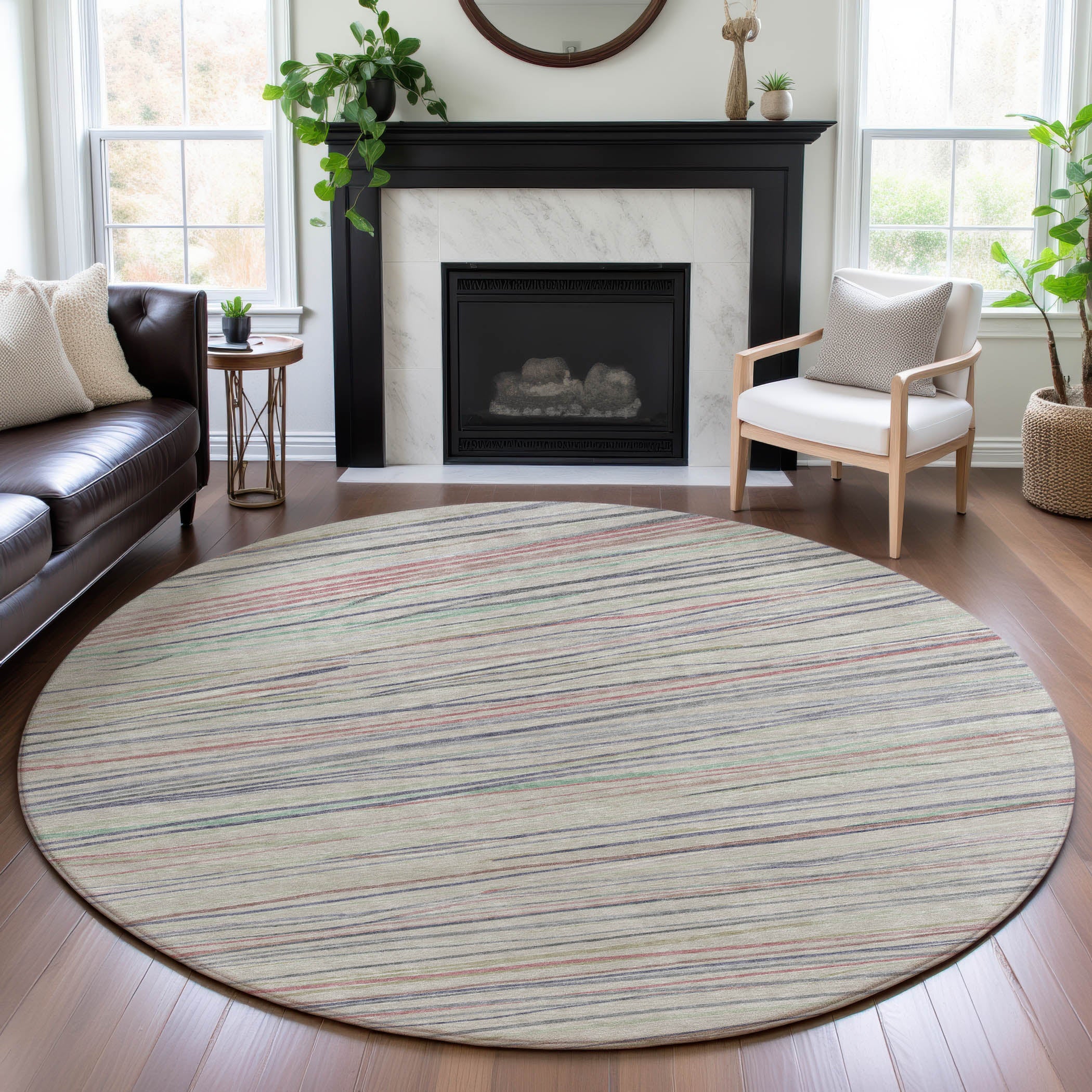 Havana Machine Washable Transitional Beige Brown Rug 8' x 8' #shape_Round
