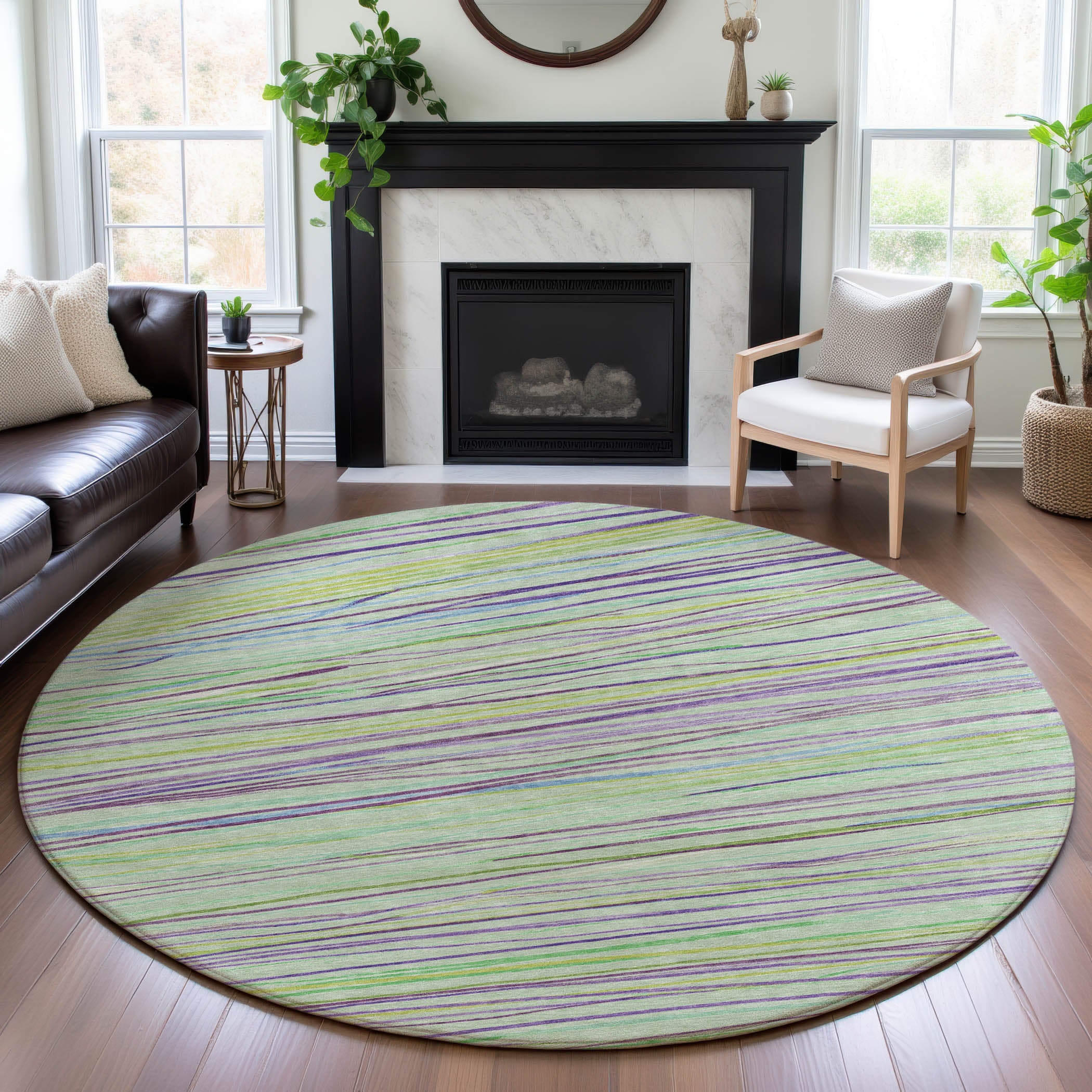 Havana Machine Washable Transitional Mint Green Rug 8' x 8' #shape_Round