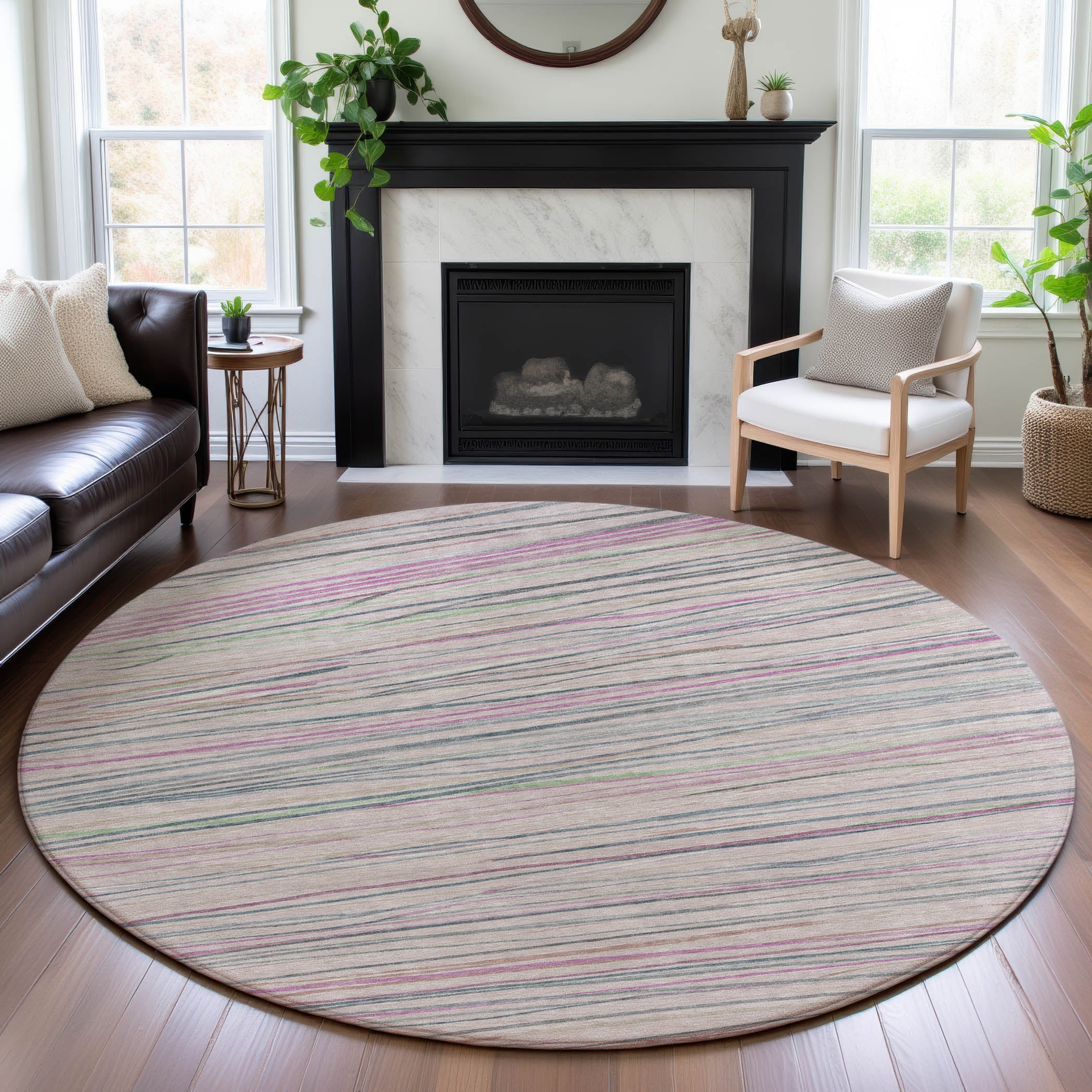 Havana Machine Washable Transitional Pink Rug 8' x 8' #shape_Round